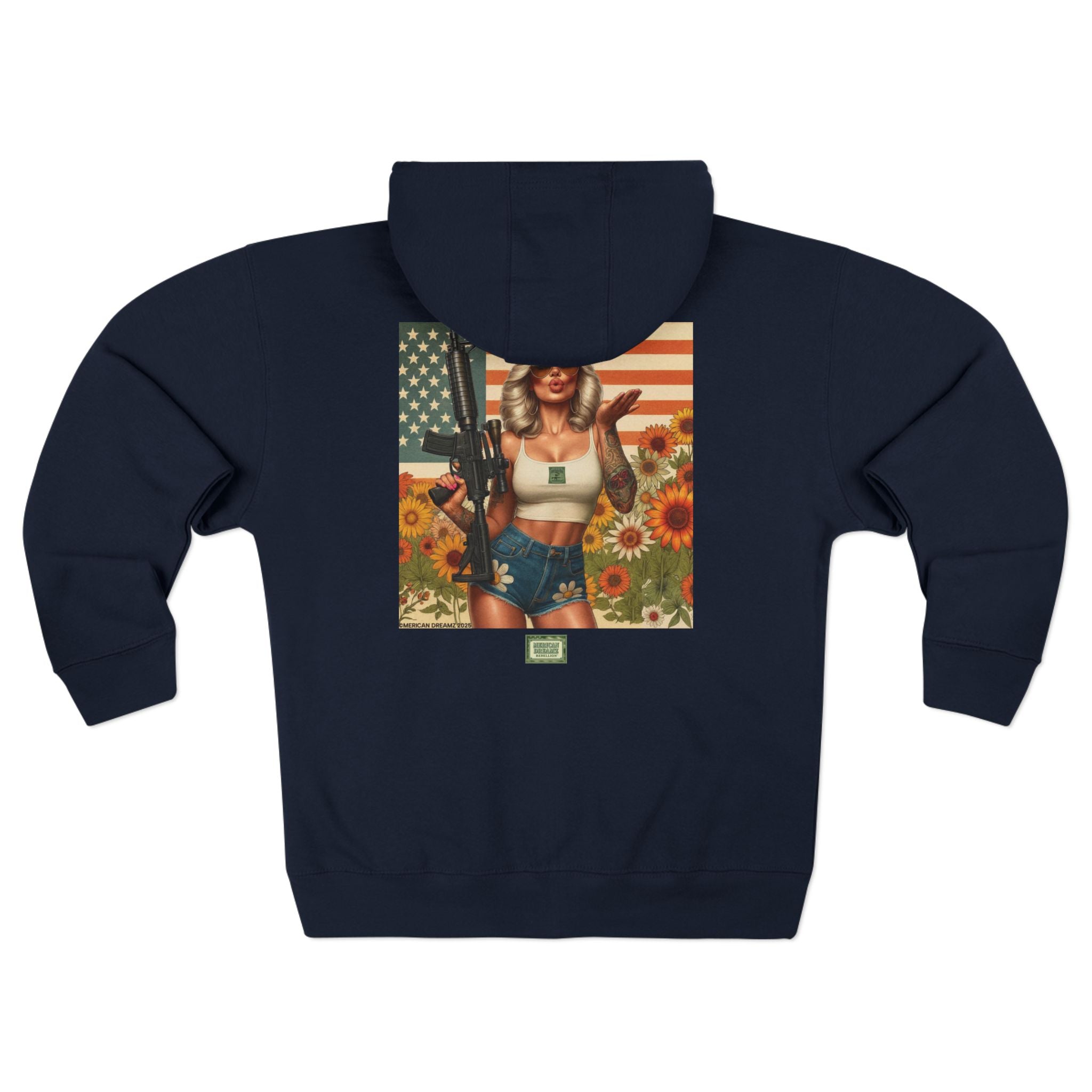 Americana Pinup girl with AR-15 Zip Hoodie — Retro Vintage Patriotic Graphic