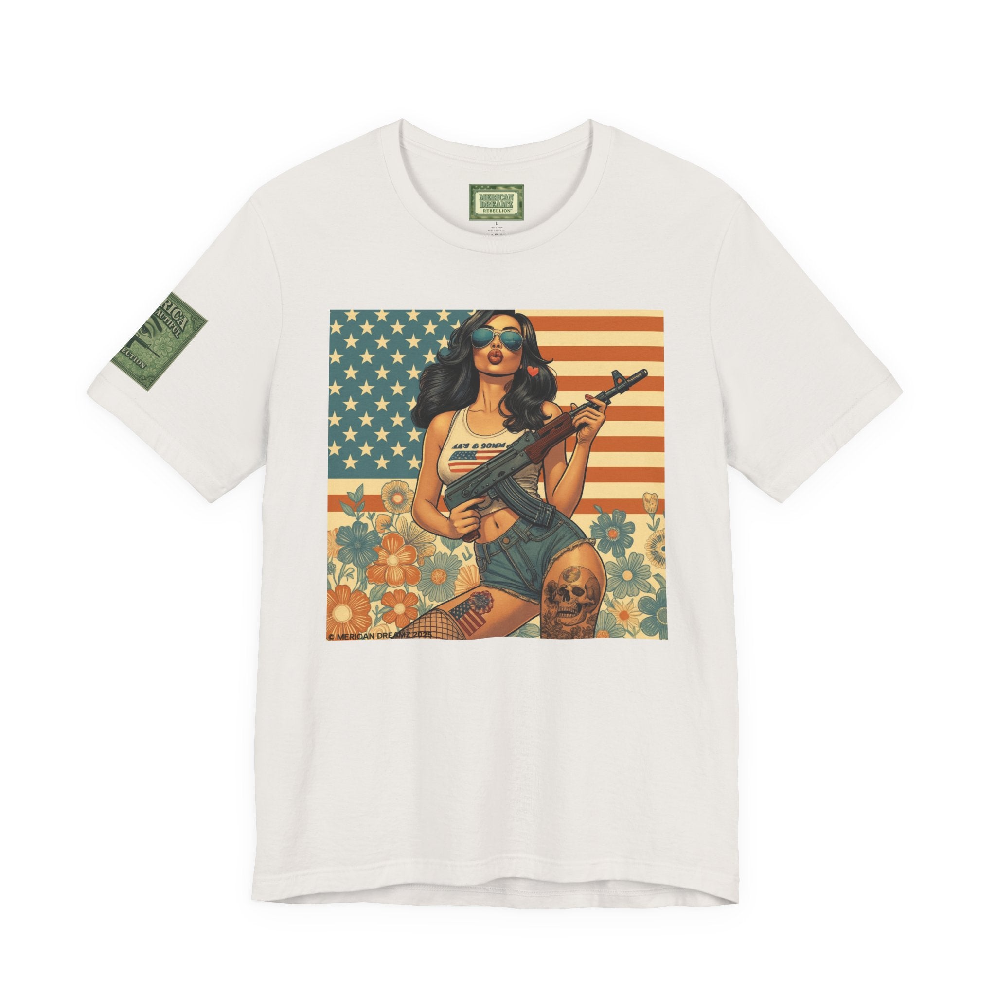 Graphic Short Sleeve Tee front and back — Retro Americana Pin-Up Girls with AK-47 Rifles
