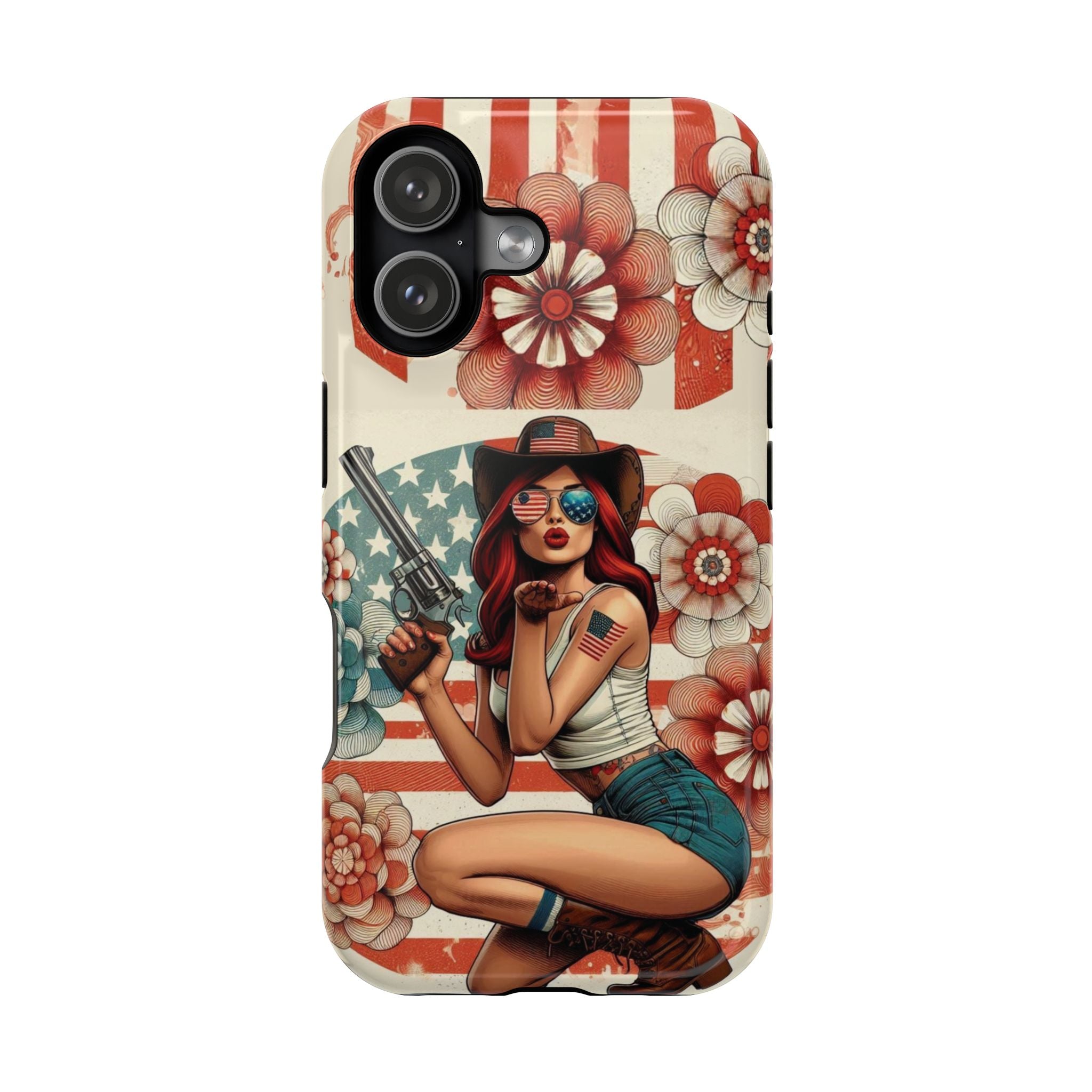 Americana .44 Magnum Pinup Girl - Magnetic Impact‑Resistant Phone Case  iPhone 13-17 / Samsung S26  MagSafe Compatible