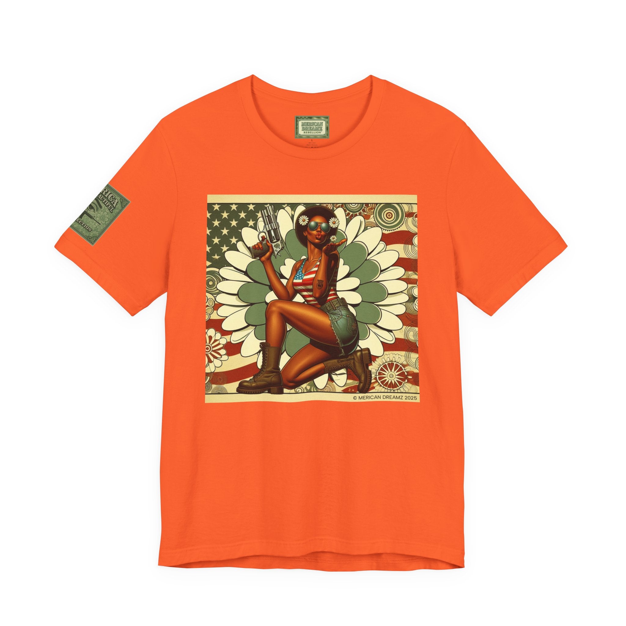 Graphic Short Sleeve Tee front and back — Retro Americana Pin-Up Cowgirls with .44 Magnum and AR-15