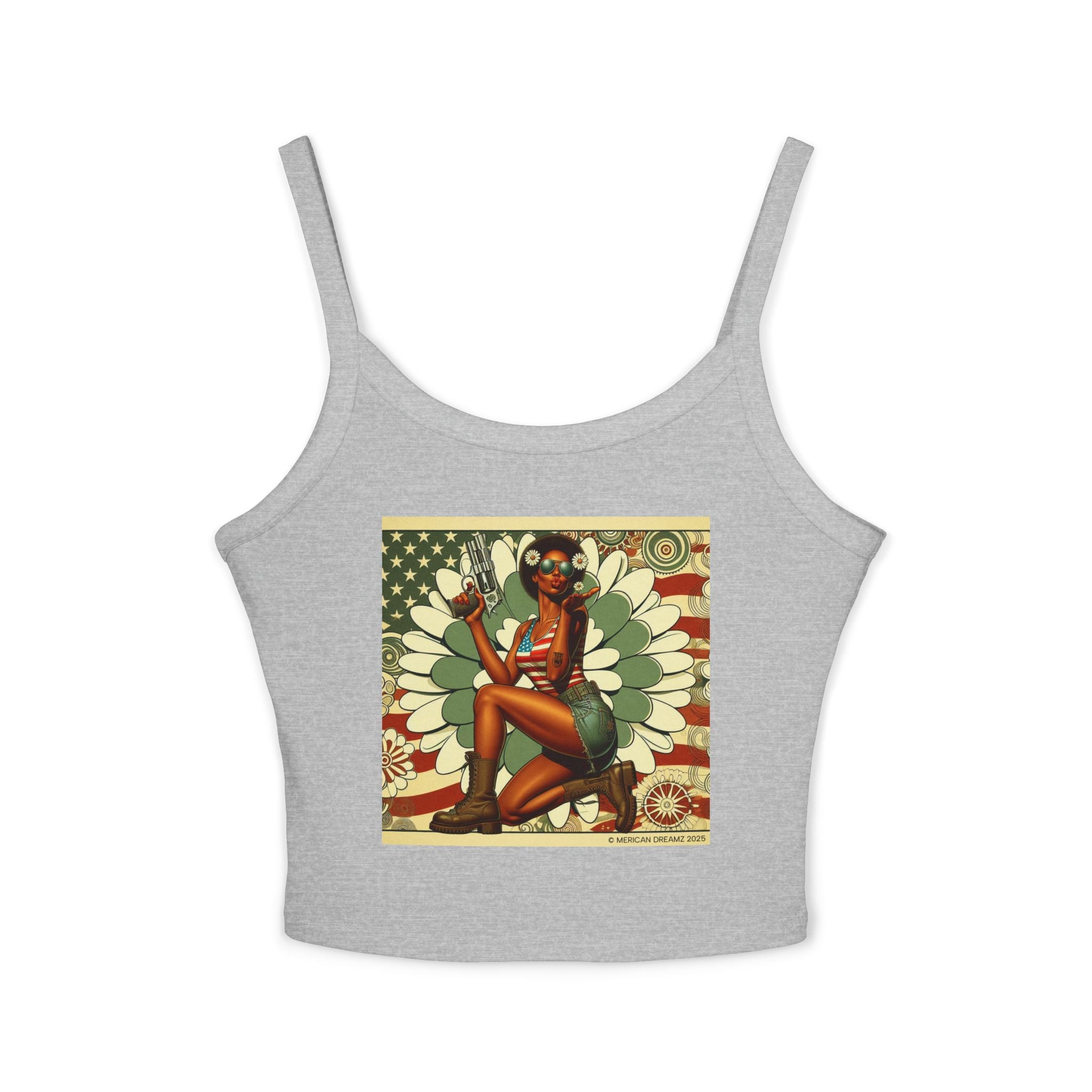 Retro Pinup Girl Tank Top — Vintage Flag & Floral Spaghetti Strap
