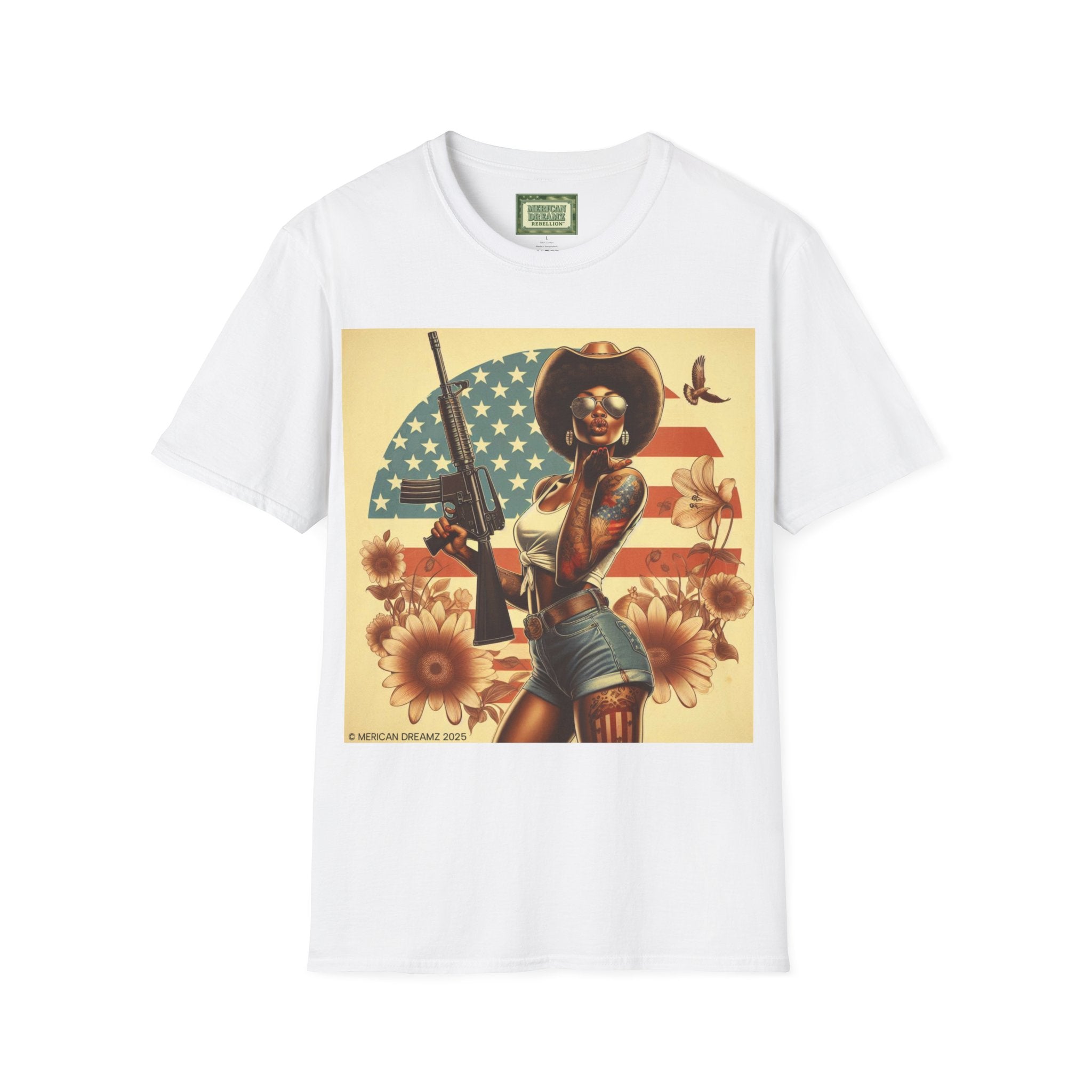 Pin-Up Americana T-Shirt — Retro Floral Gun Cowgirl Vintage Style (US Only)
