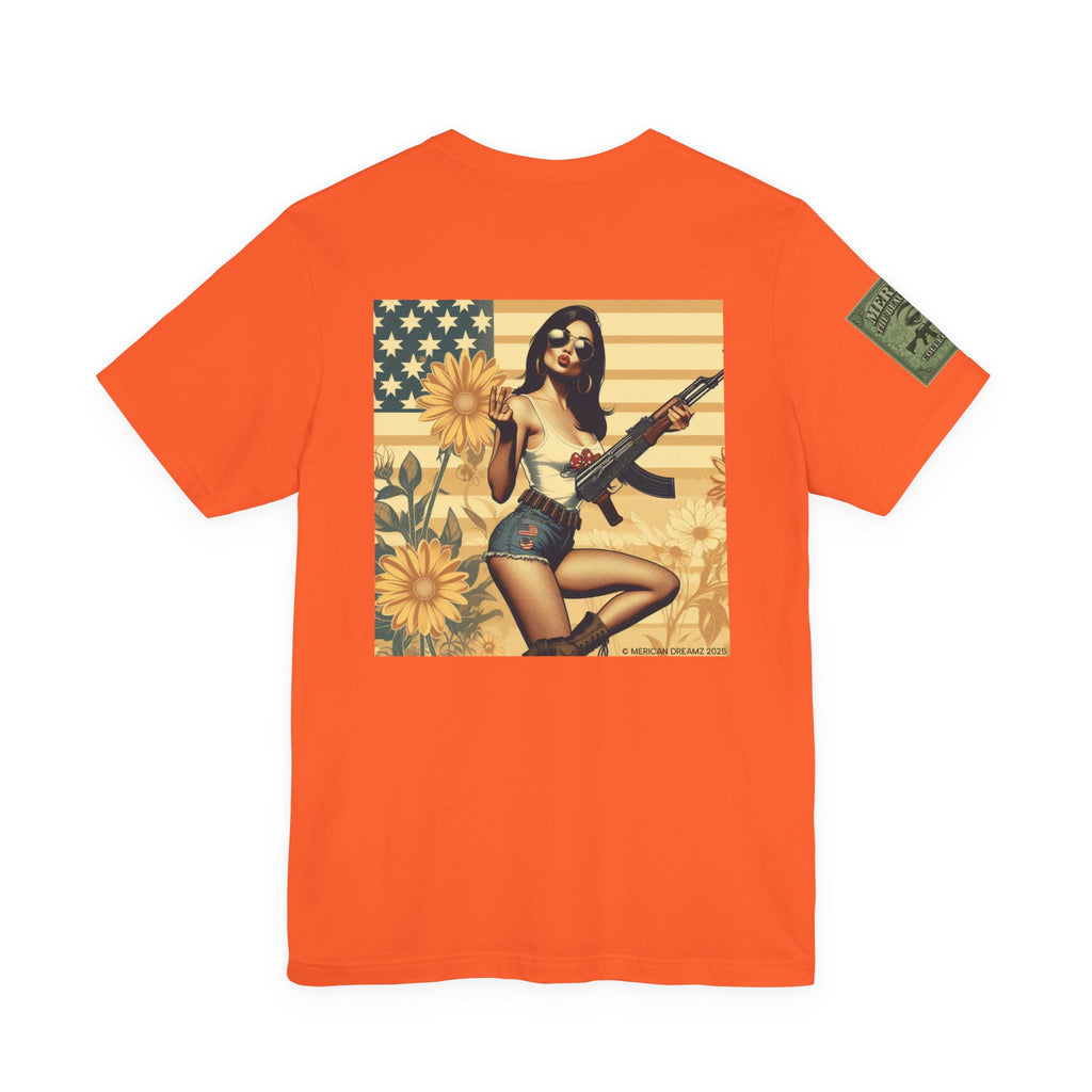 Graphic Short Sleeve Tee front and back — Retro Americana Pin-Up Girls with AK-47 Rifles