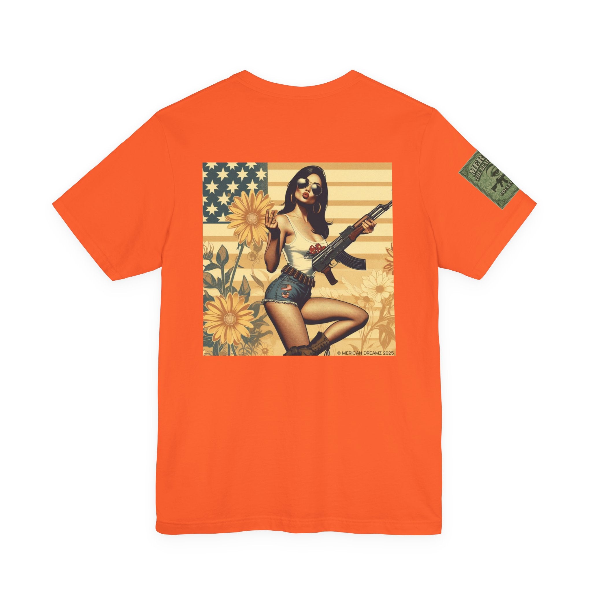 Graphic Short Sleeve Tee front and back — Retro Americana Pin-Up Girls with AK-47 Rifles