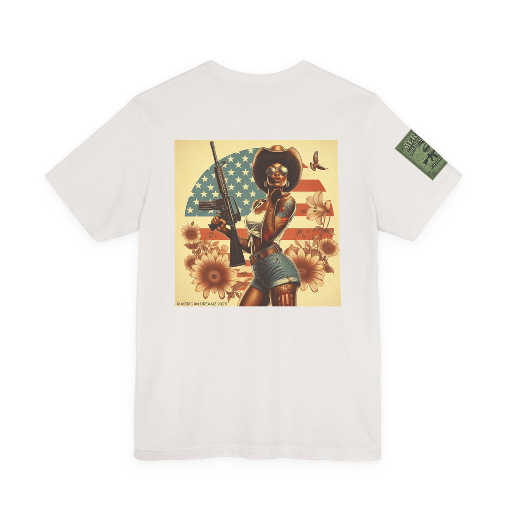 Graphic Short Sleeve Tee front and back — Retro Americana Pin-Up Cowgirls with .44 Magnum and AR-15