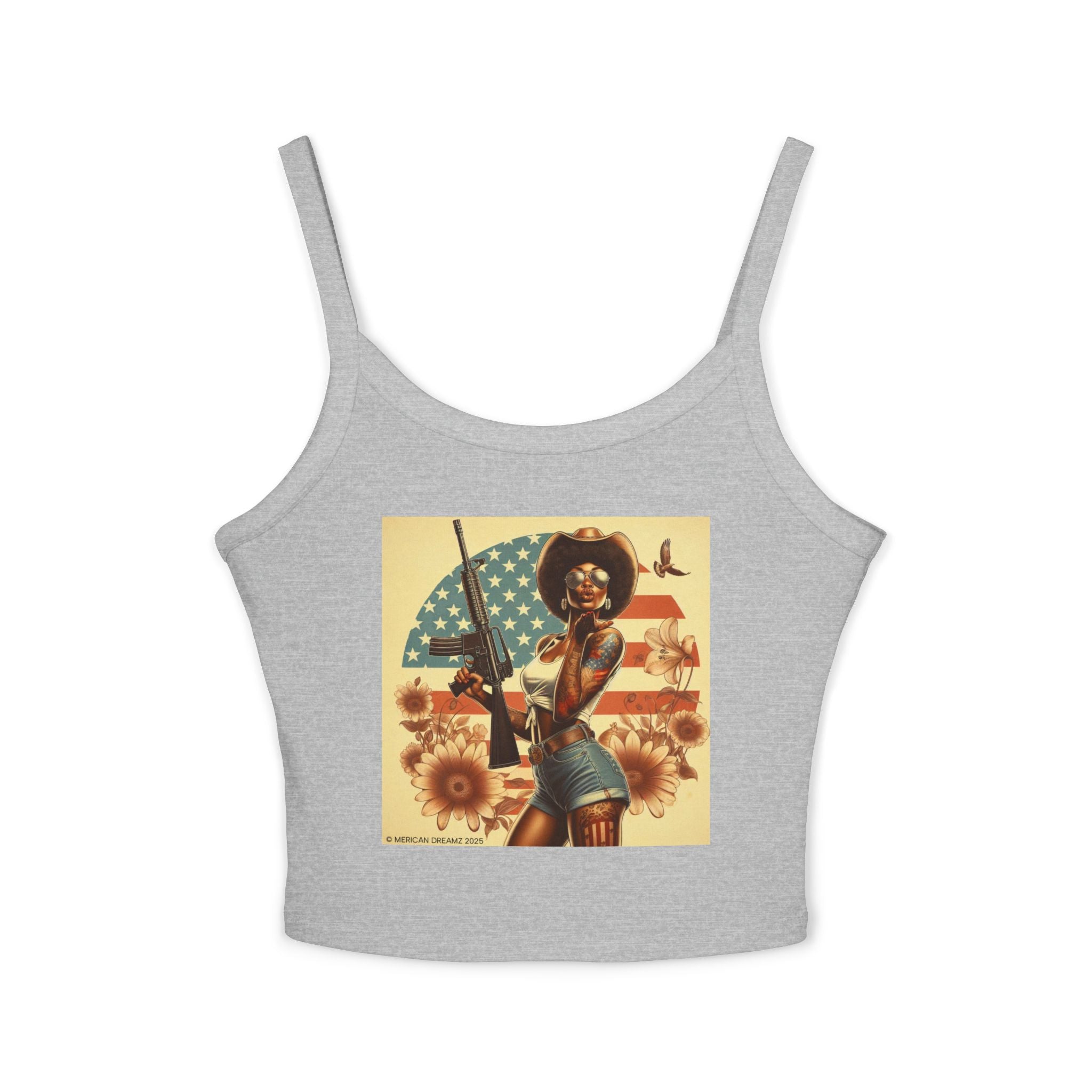 Retro Pinup Girl Tank Top — Vintage Flag & Floral Spaghetti Strap
