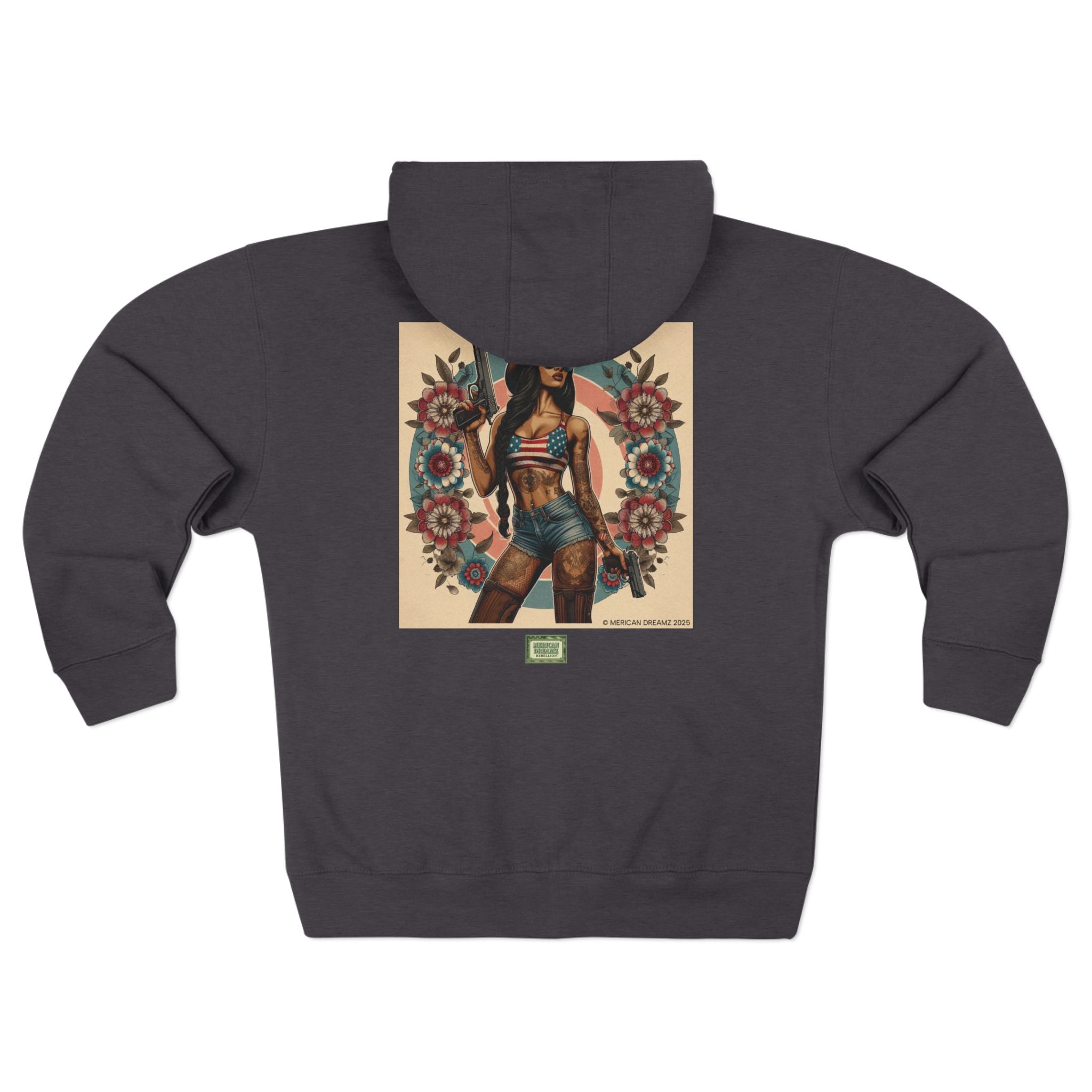 Americana Pinup Cowgirl with 9mm Zip Hoodie — Retro Vintage Patriotic Graphic