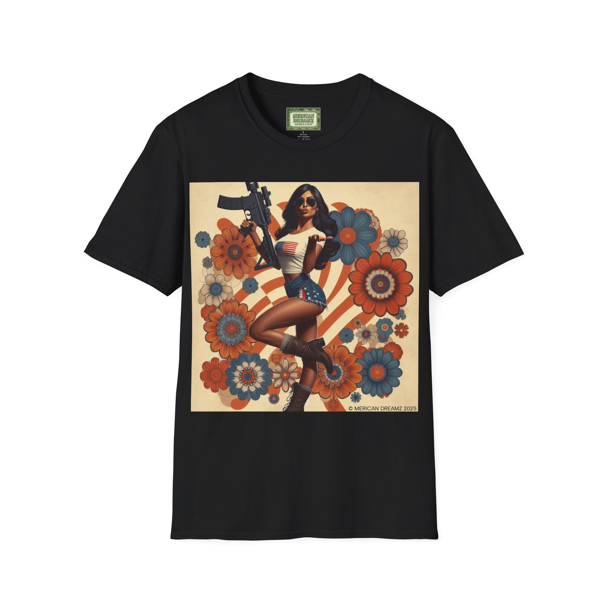 Graphic T-Shirt — Patriotic Pinup Girl with Rifle Vintage Flag Design (US Only)