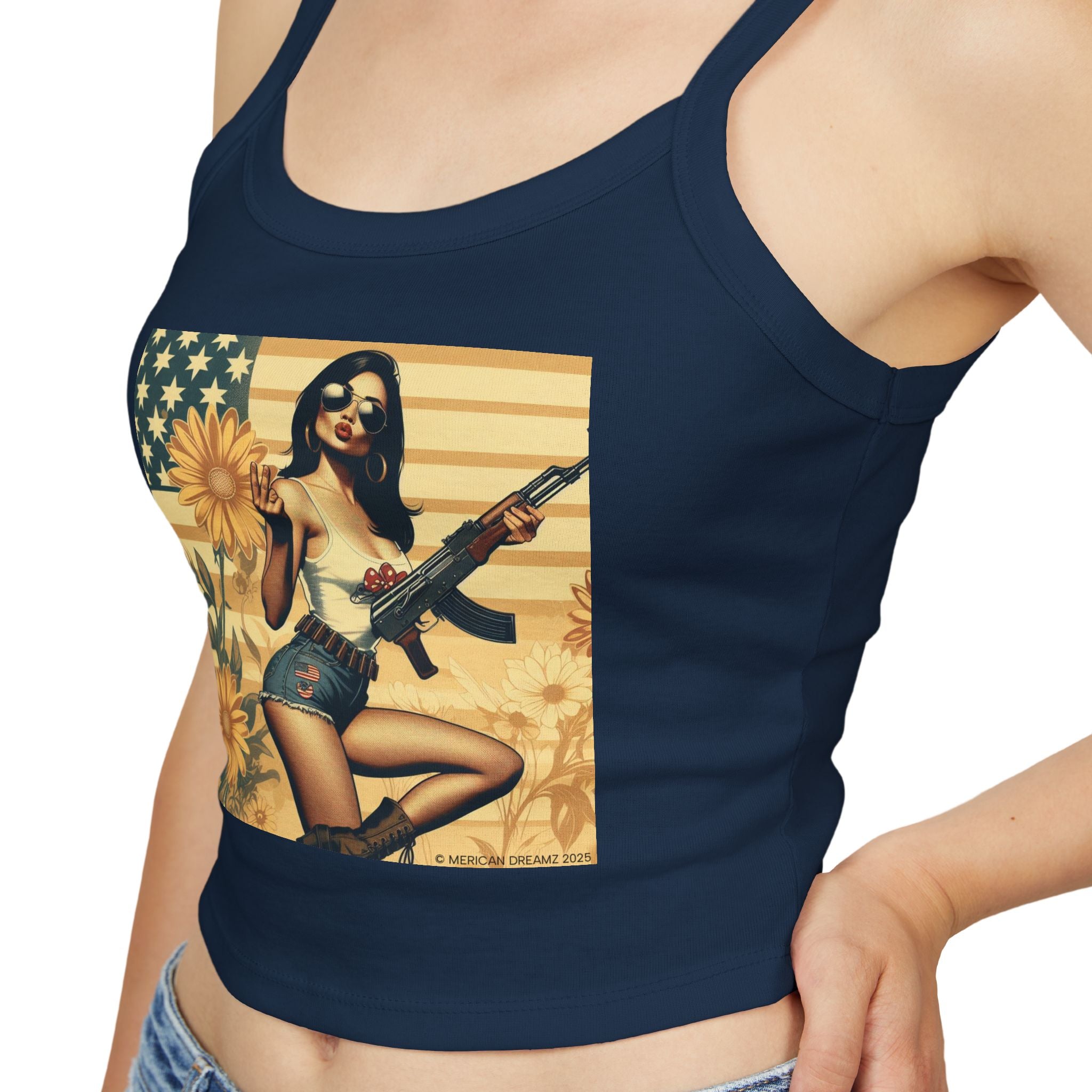 Retro Pinup Girl Tank Top — Vintage Flag & Floral Spaghetti Strap