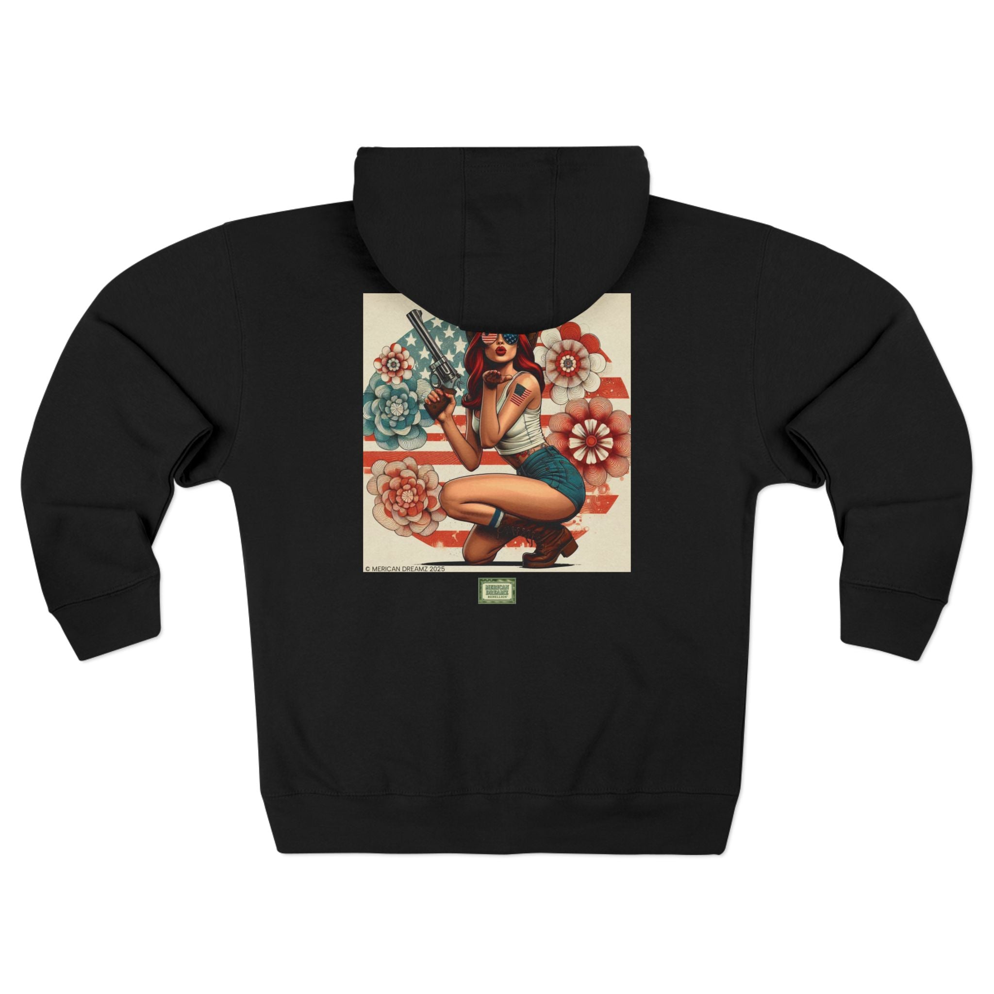 Americana Pinup Cowgirl with 44 Magnum Zip Hoodie — Retro Vintage Patriotic Graphic