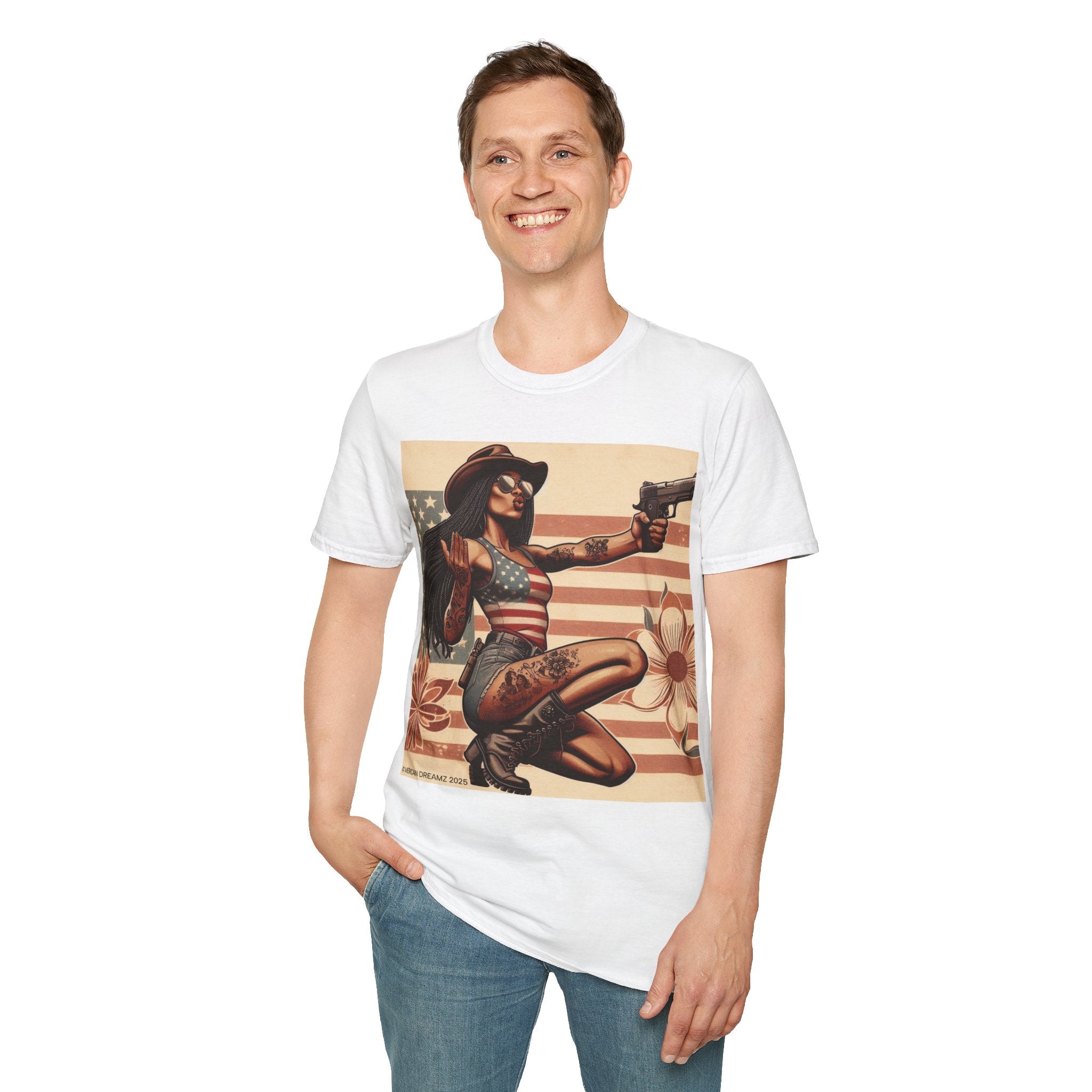Pin-Up Americana T-Shirt — Retro Floral Gun Cowgirl Vintage Style (US Only)