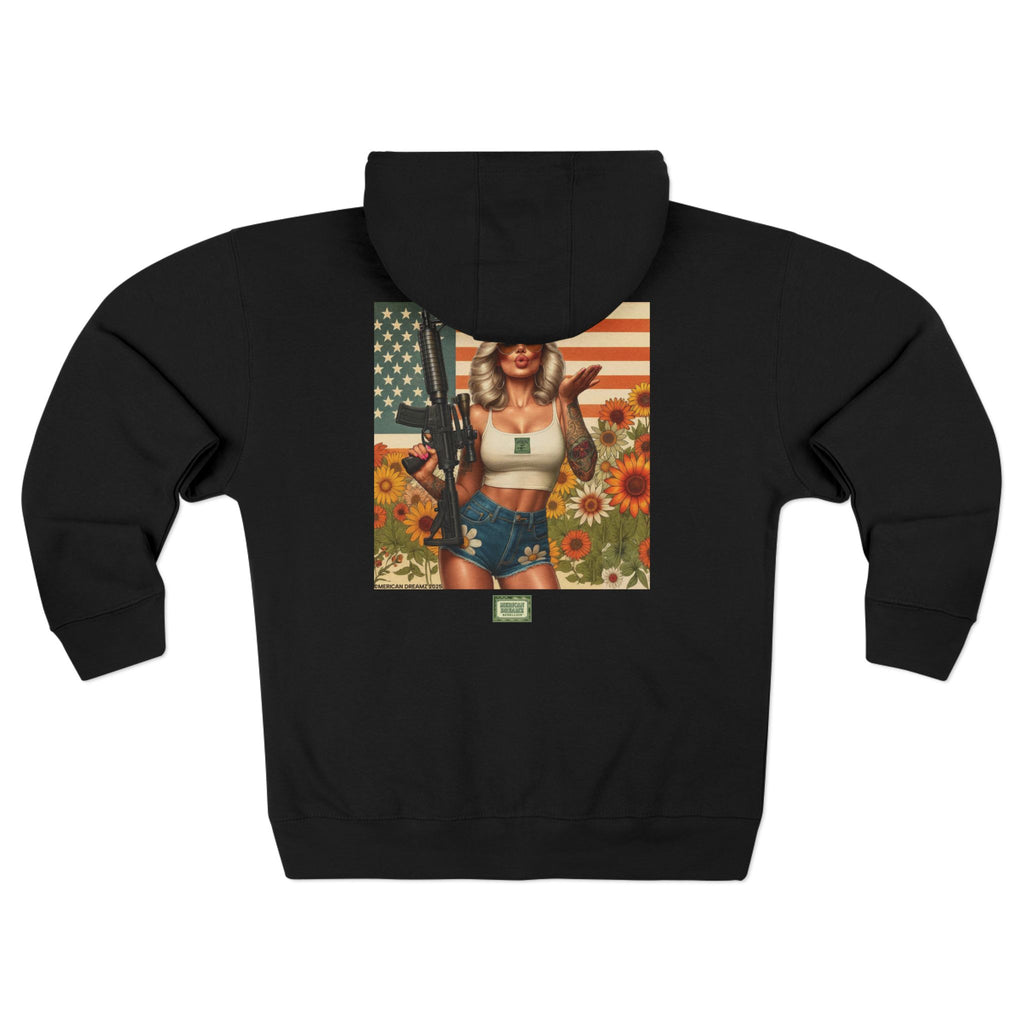 Americana Pinup girl with AR-15 Zip Hoodie — Retro Vintage Patriotic Graphic