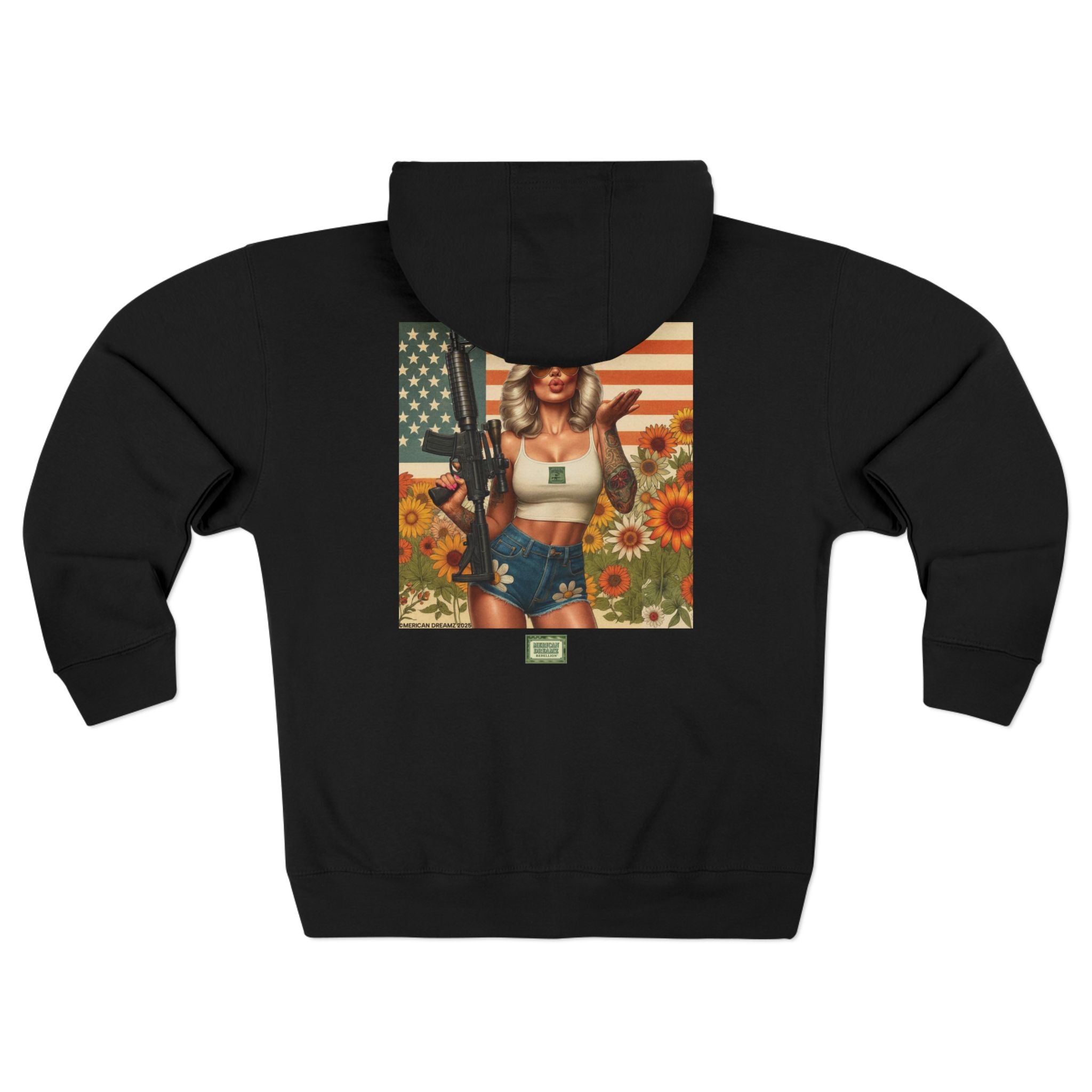 Americana Pinup girl with AR-15 Zip Hoodie — Retro Vintage Patriotic Graphic