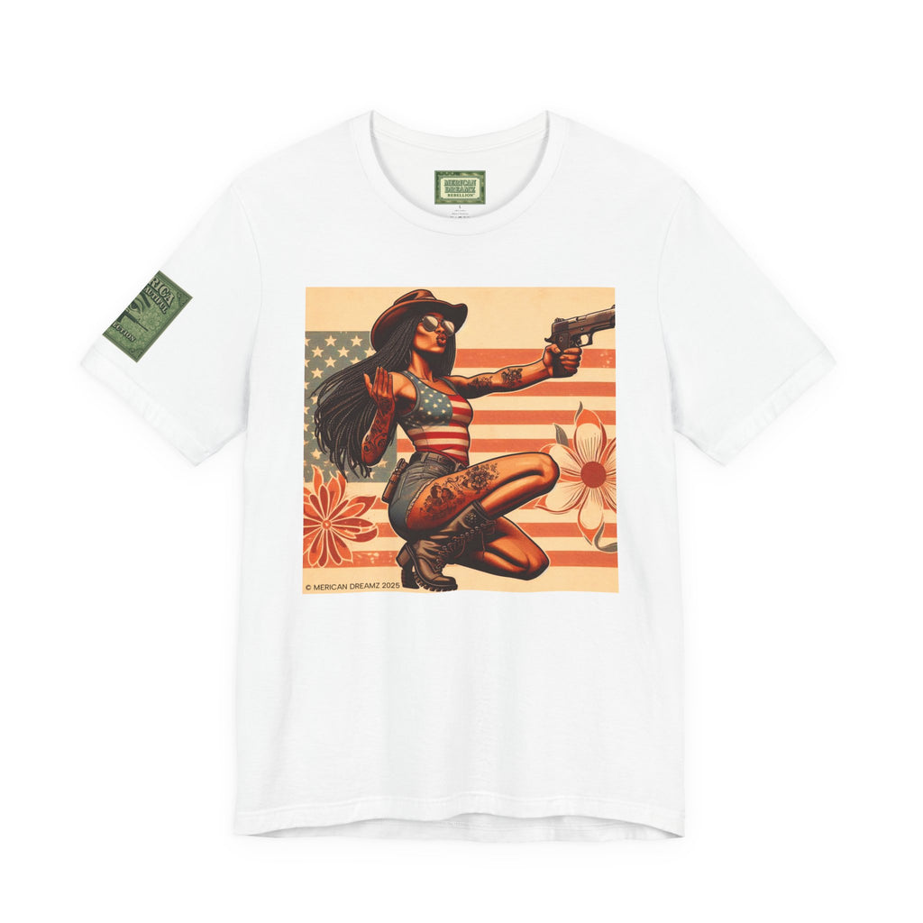 Graphic Short Sleeve Tee front and back — Retro Americana Pin-Up Cowgirls with 9mm Pistols