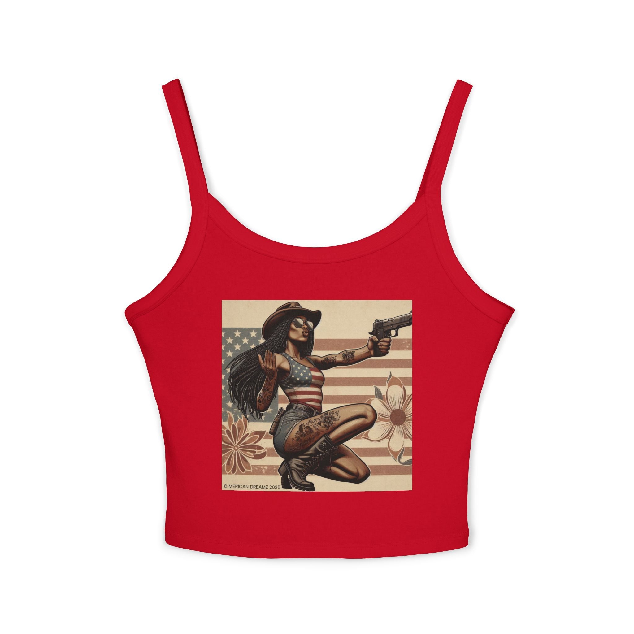 Retro Pinup Girl Tank Top — Vintage Flag & Floral Spaghetti Strap