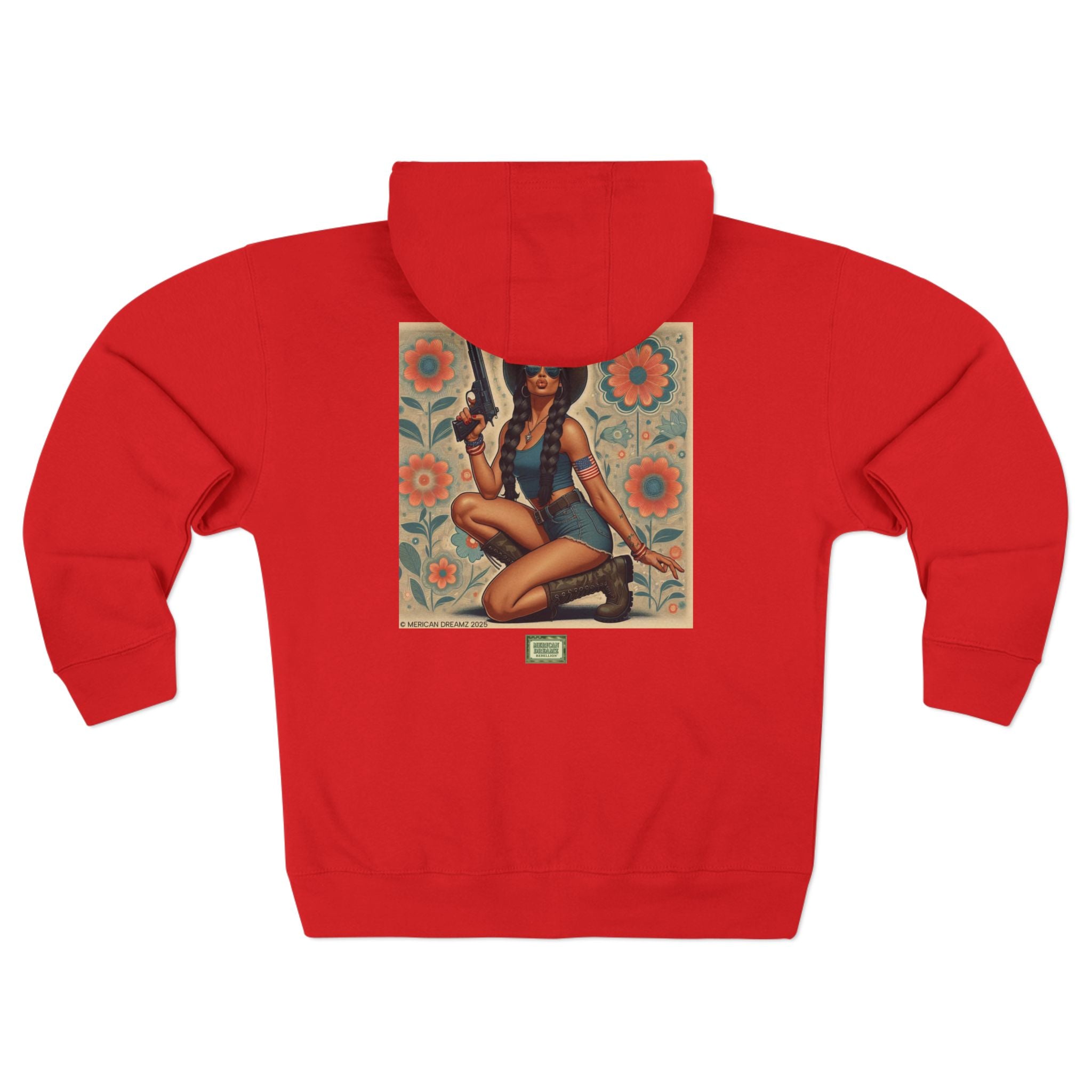 Americana Pinup Cowgirl with 9mm Zip Hoodie — Retro Vintage Patriotic Graphic