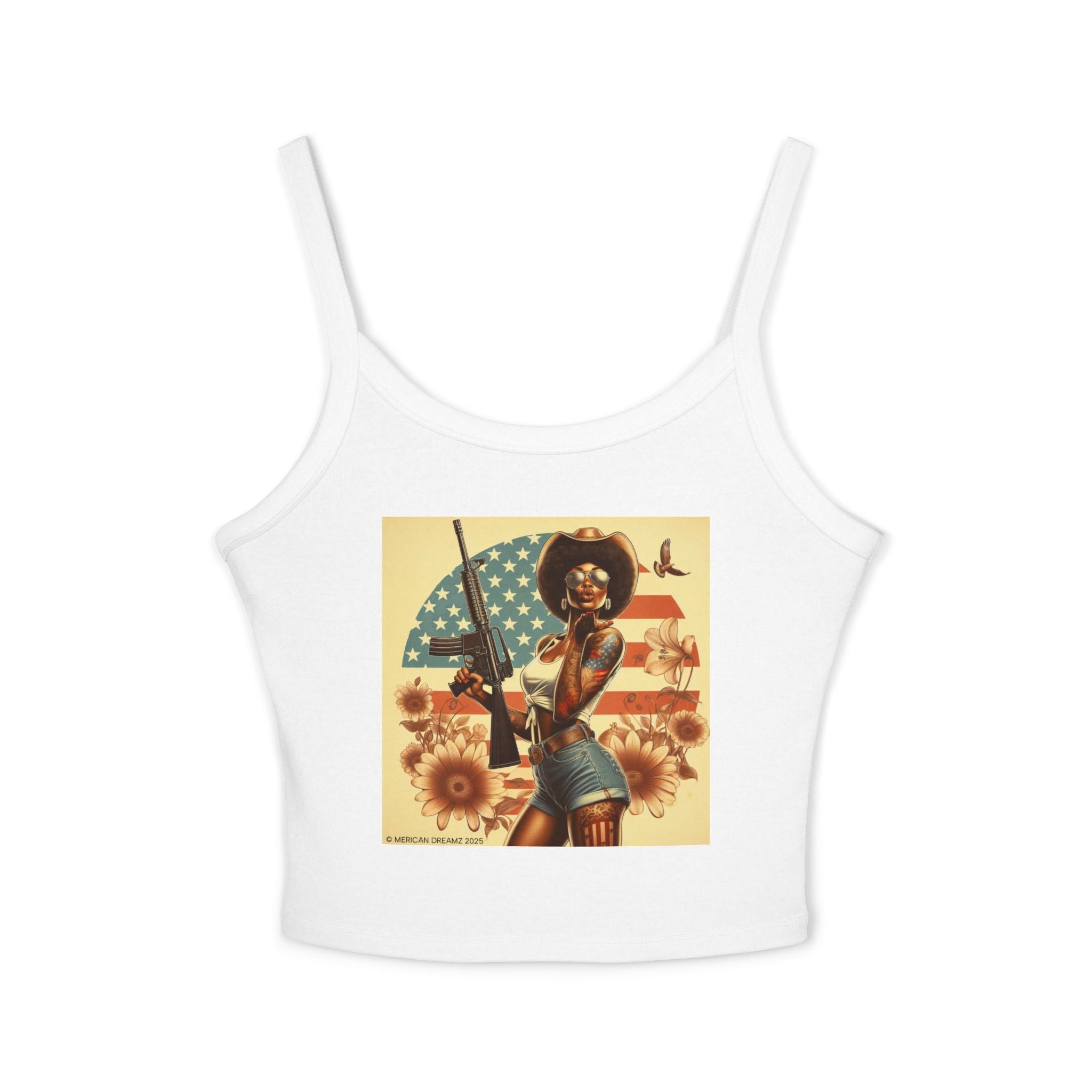 Retro Pinup Girl Tank Top — Vintage Flag & Floral Spaghetti Strap