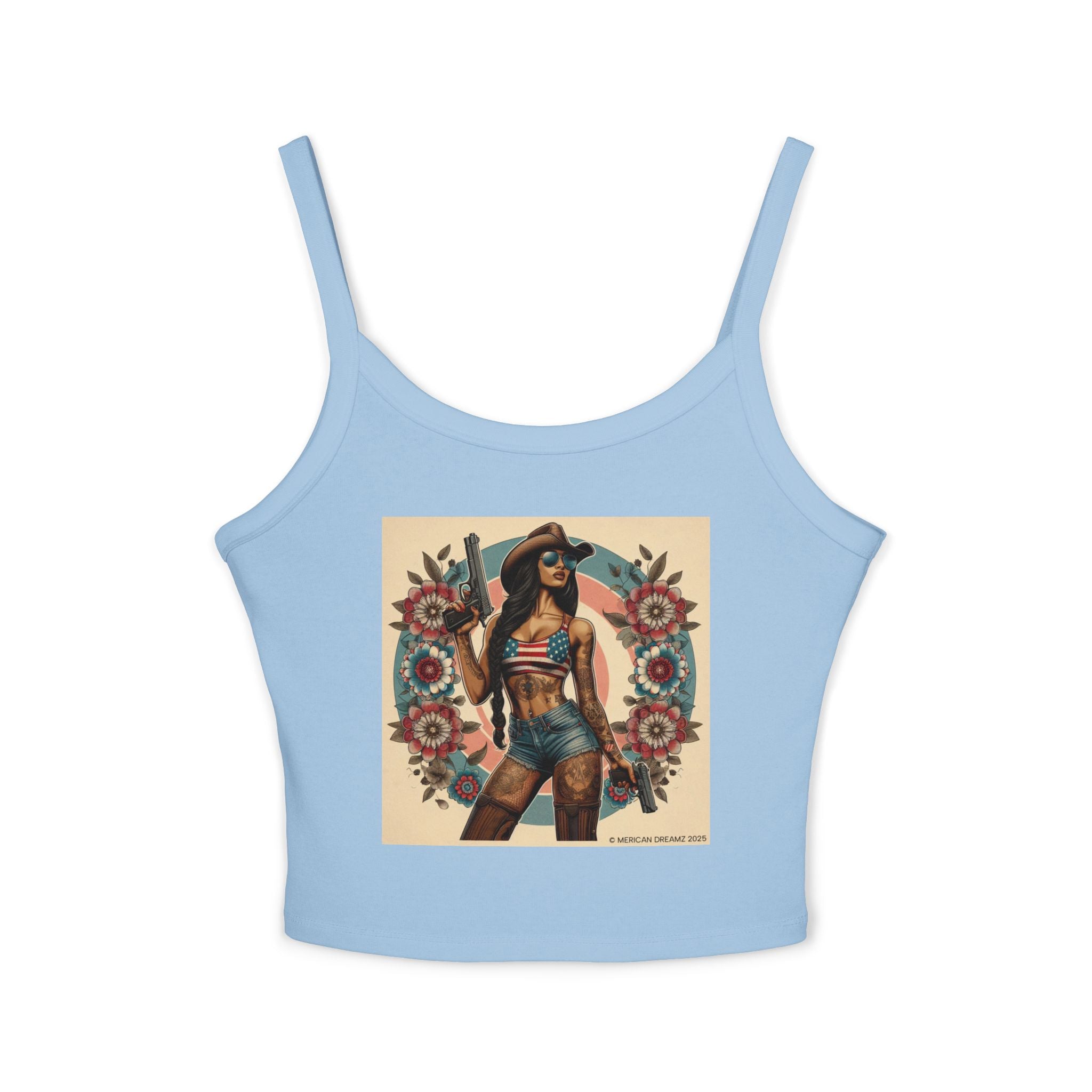 Retro Pinup Girl Tank Top — Vintage Flag & Floral Spaghetti Strap