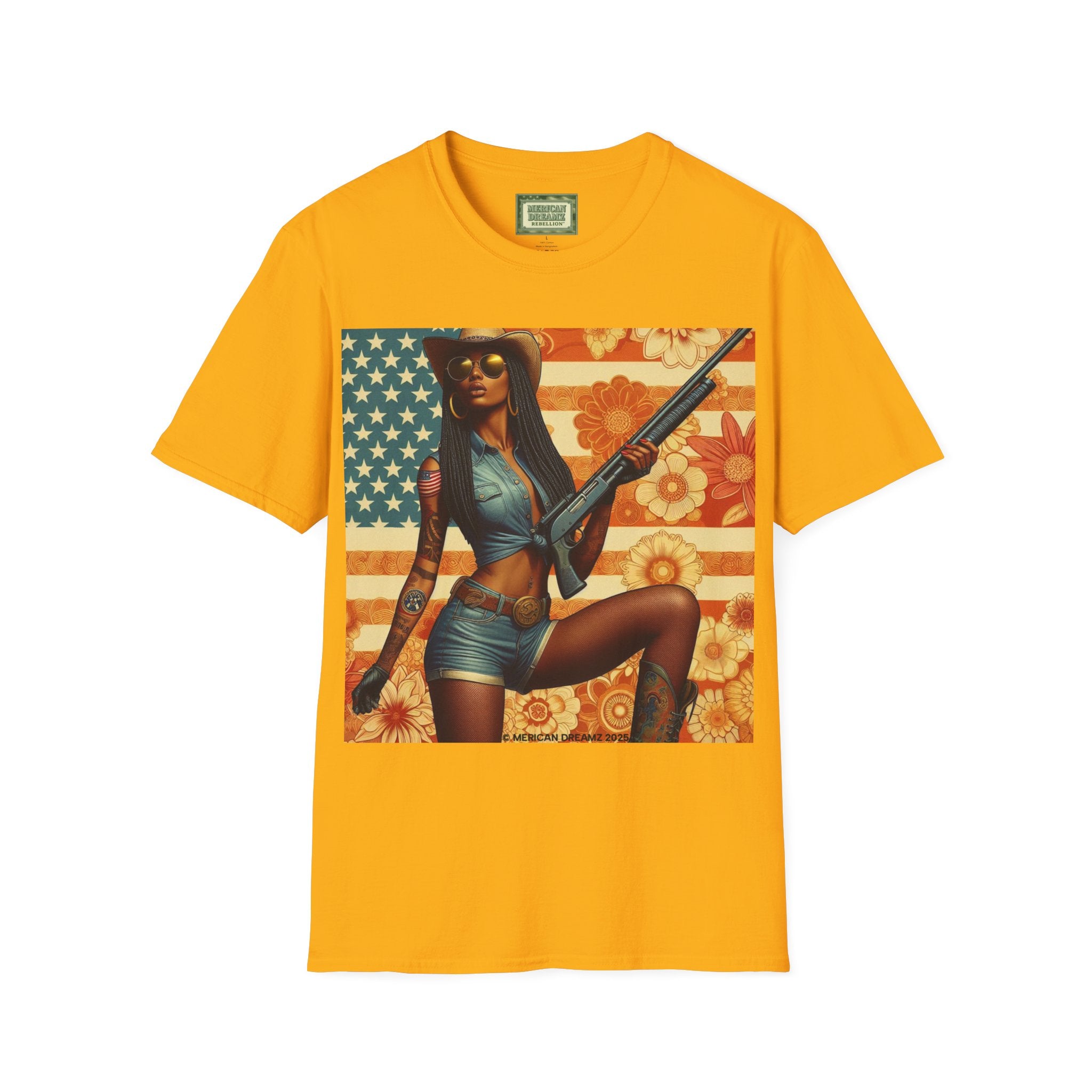 Pin-Up Americana T-Shirt — Retro Floral Gun Cowgirl Vintage Style (US Only)