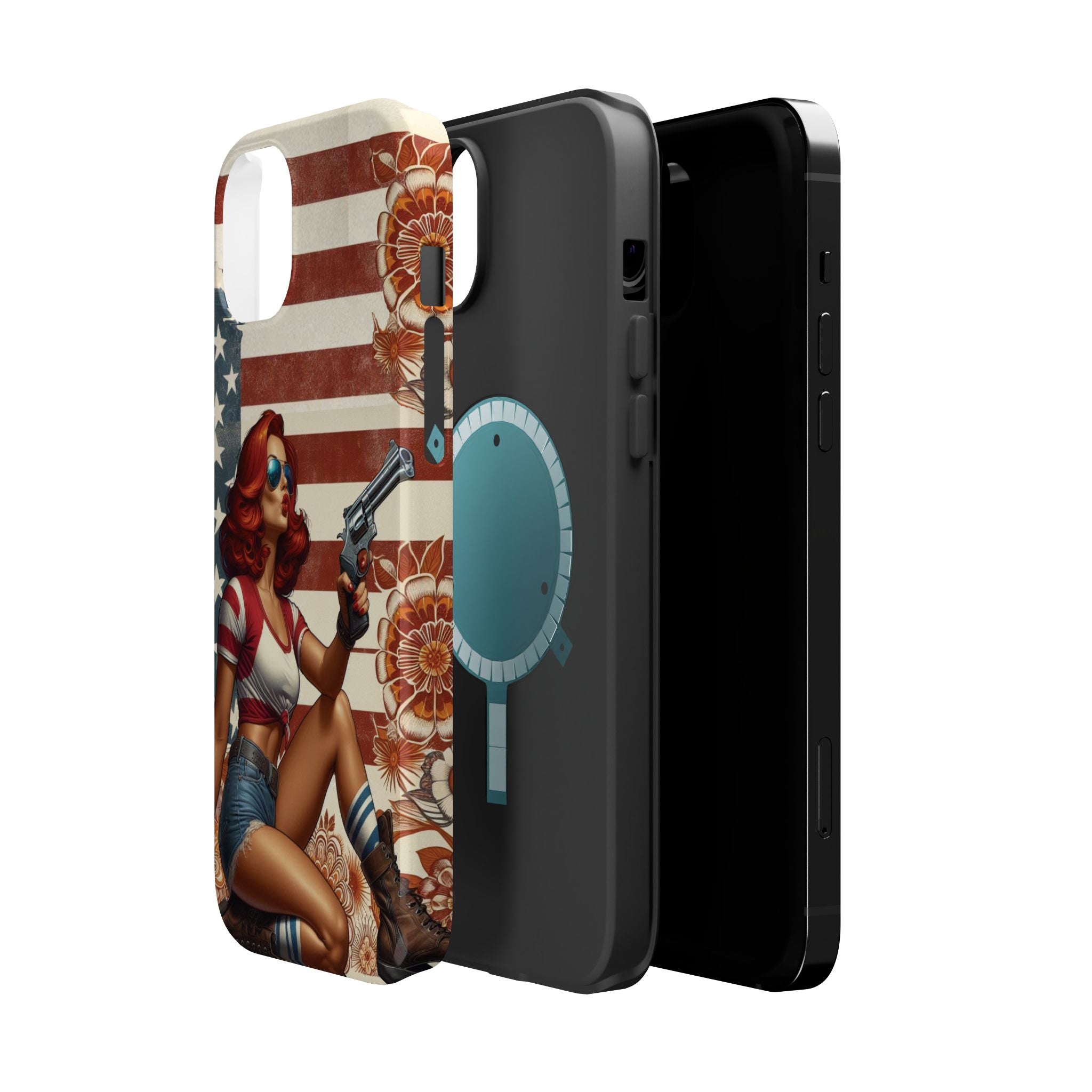 Americana .44 Magnum Pinup Girl - Magnetic Impact‑Resistant Phone Case  iPhone 13-17 / Samsung S26  MagSafe Compatible