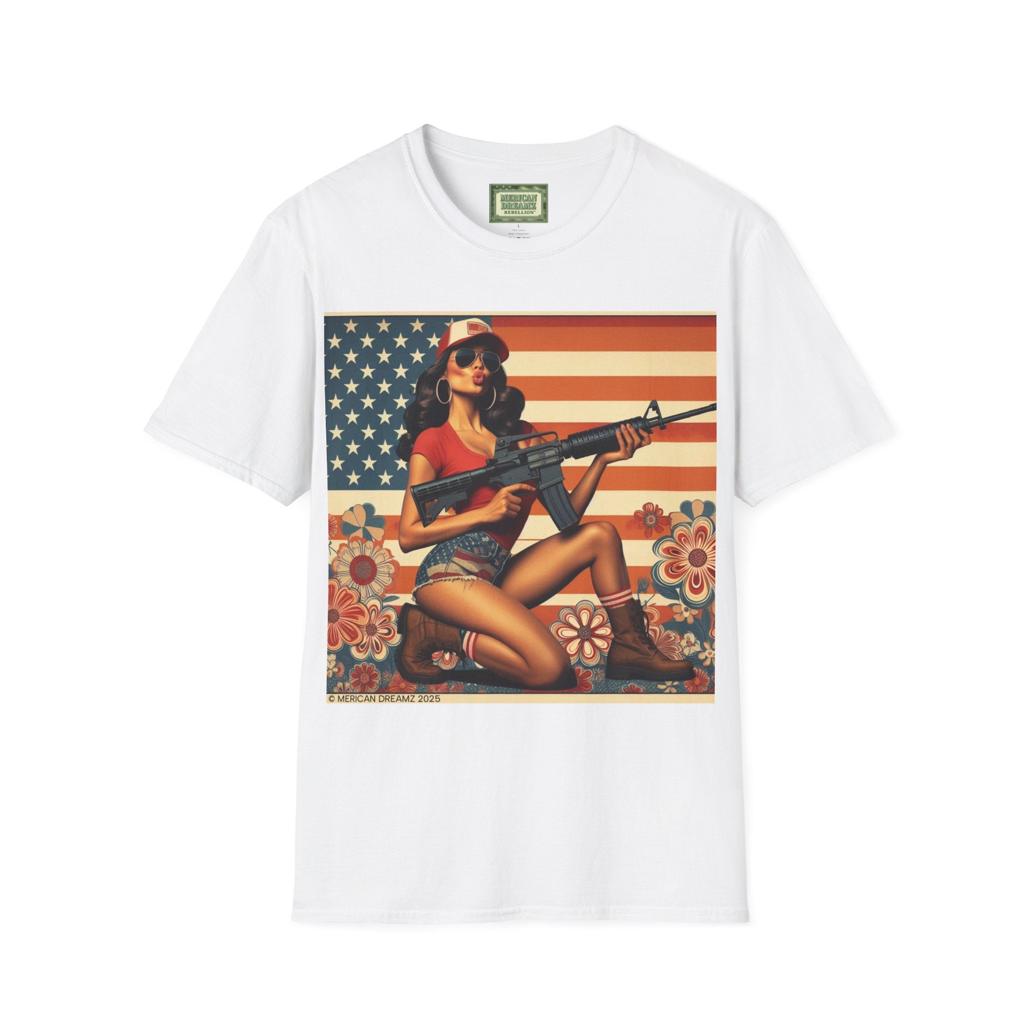 Graphic T-Shirt — Patriotic Pinup Girl with Rifle Vintage Flag Design (US Only)