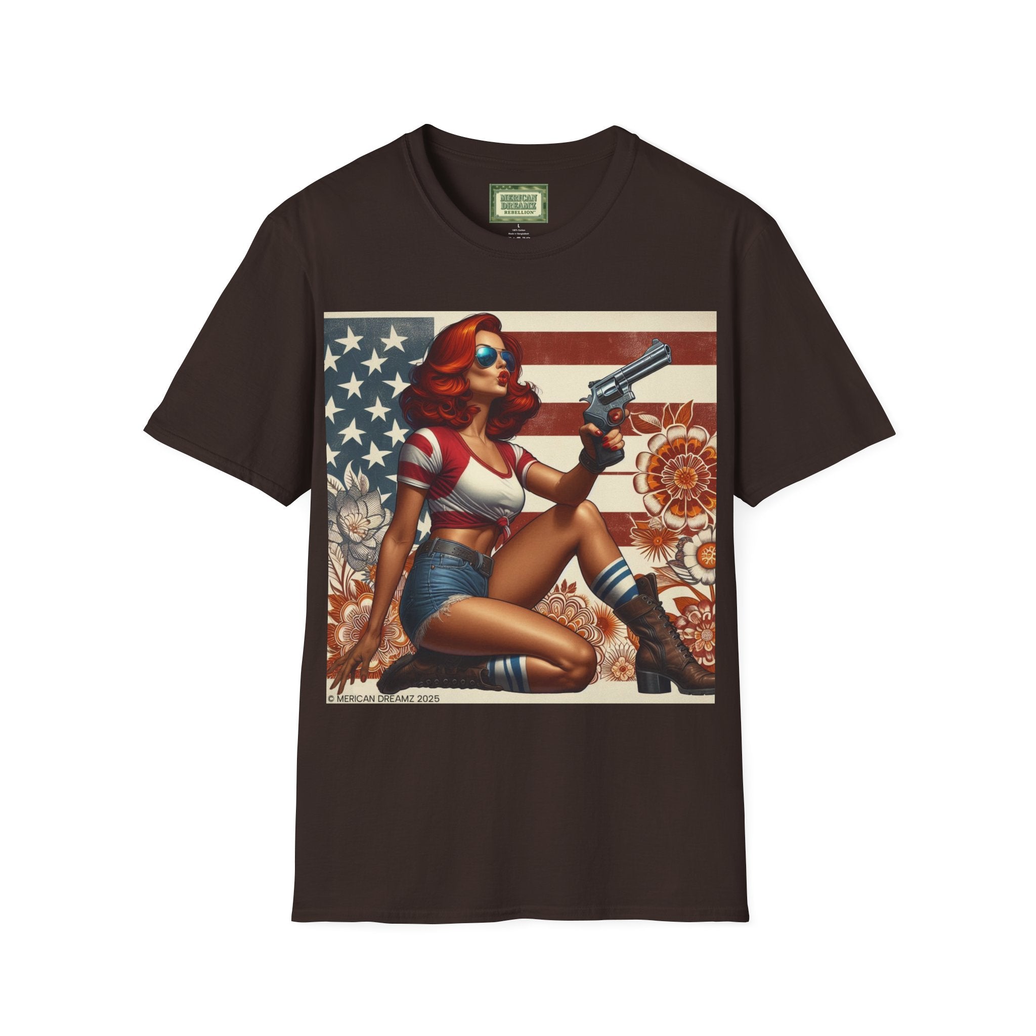 Graphic T-Shirt — Patriotic Pinup Girl with Rifle Vintage Flag Design (US Only)