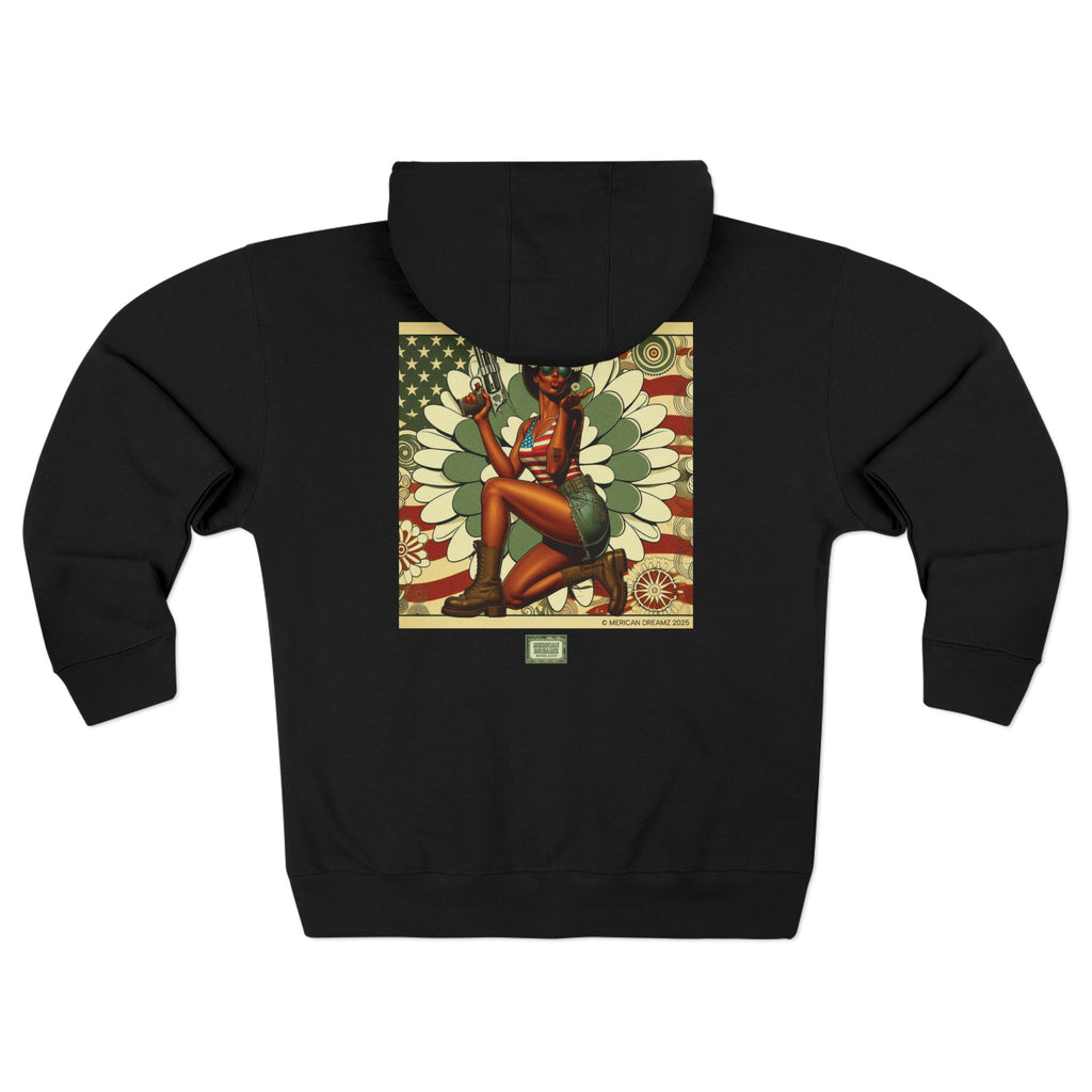 Americana Pinup Cowgirl with 44 Magnum Zip Hoodie — Retro Vintage Patriotic Graphic