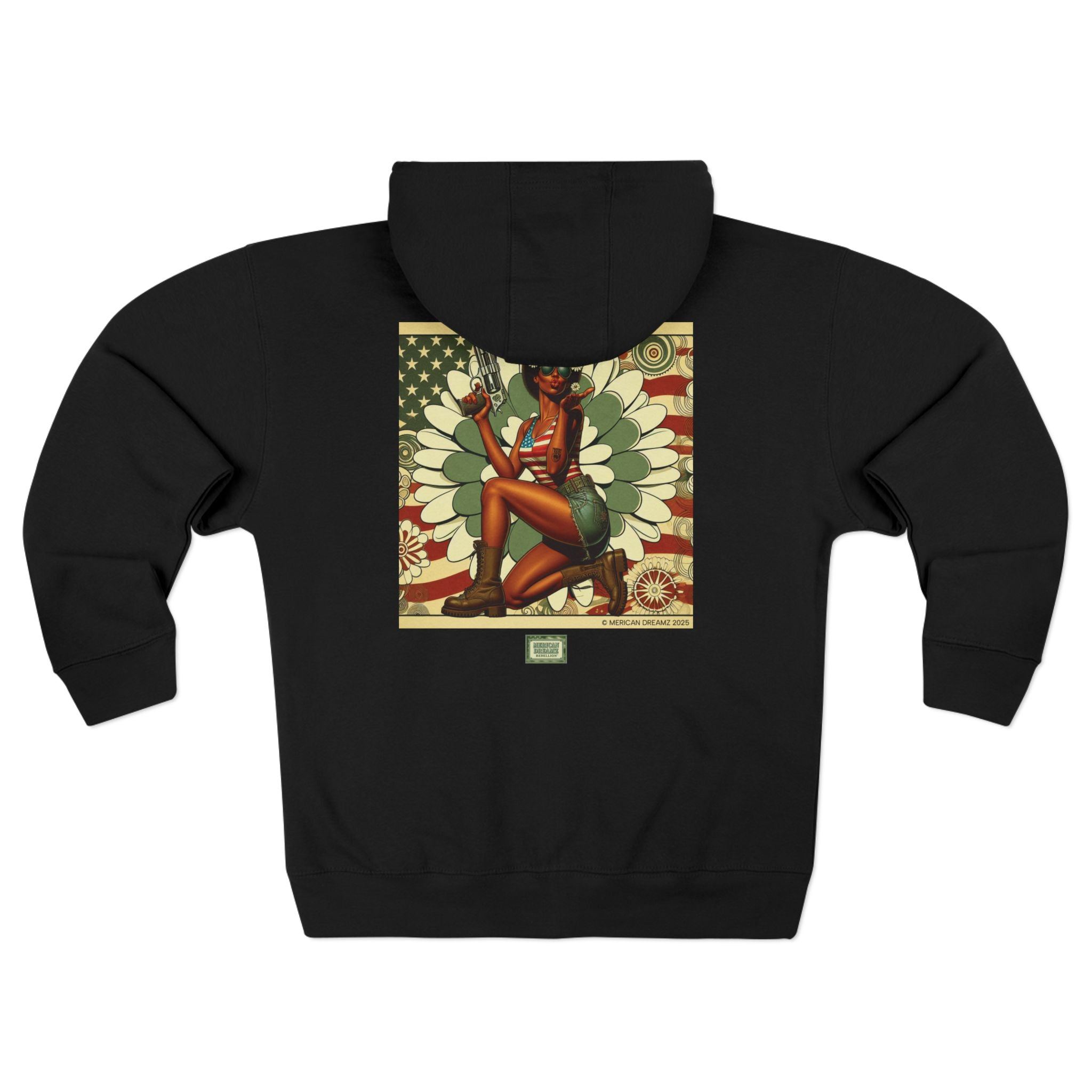 Americana Pinup Cowgirl with 44 Magnum Zip Hoodie — Retro Vintage Patriotic Graphic