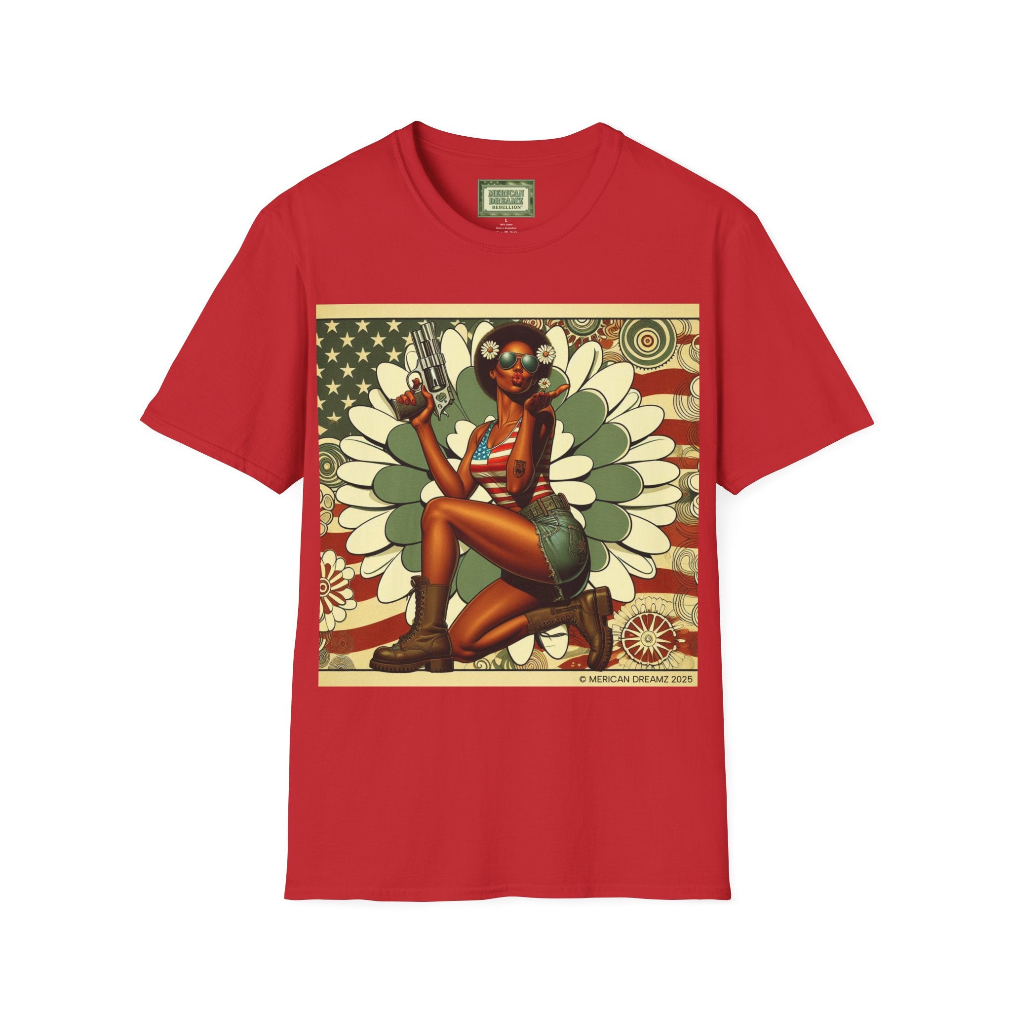 Graphic T-Shirt — Patriotic Pinup Girl with Pistol Vintage Flag Design (US Only)