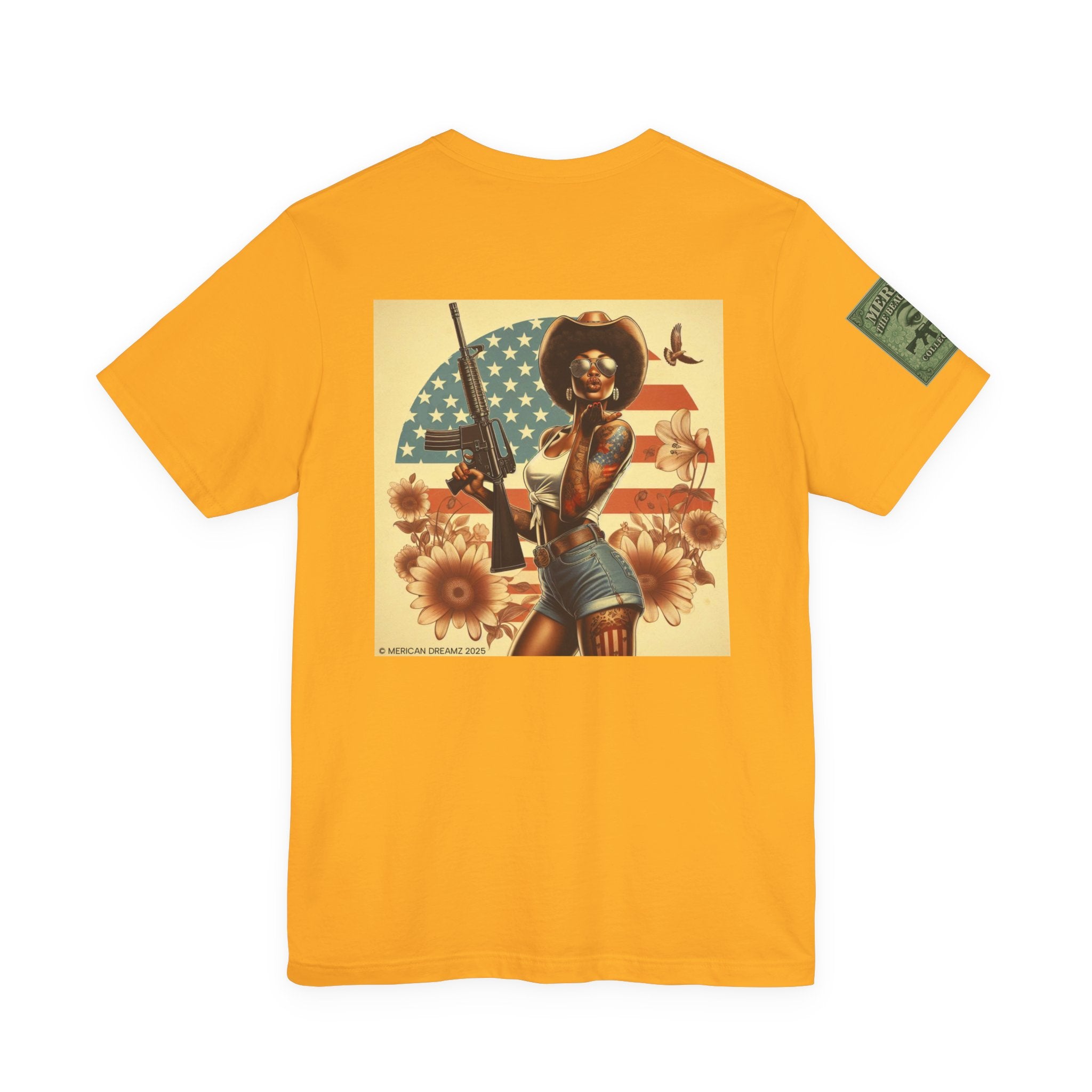 Graphic Short Sleeve Tee front and back — Retro Americana Pin-Up Cowgirls with .44 Magnum and AR-15