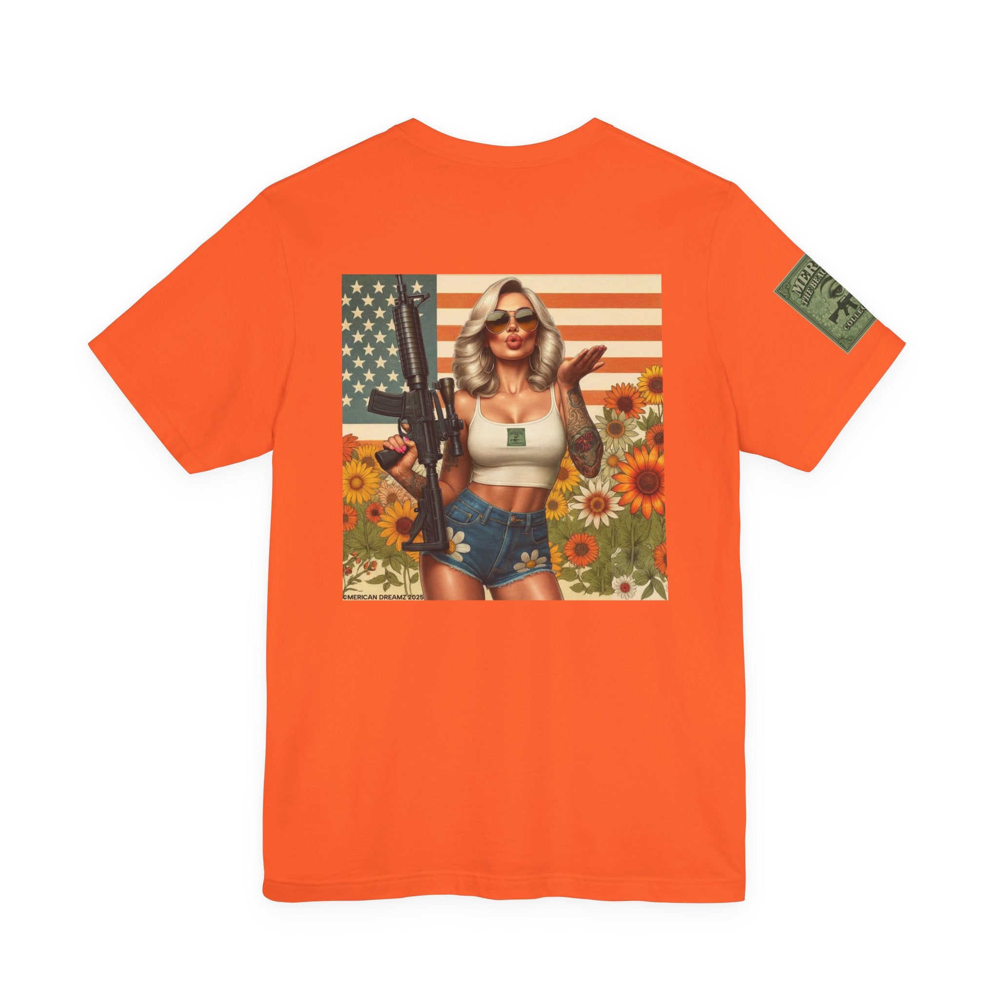Graphic Short Sleeve Tee front and back — Retro Americana Pin-Up Girls with AR-15 Rifles