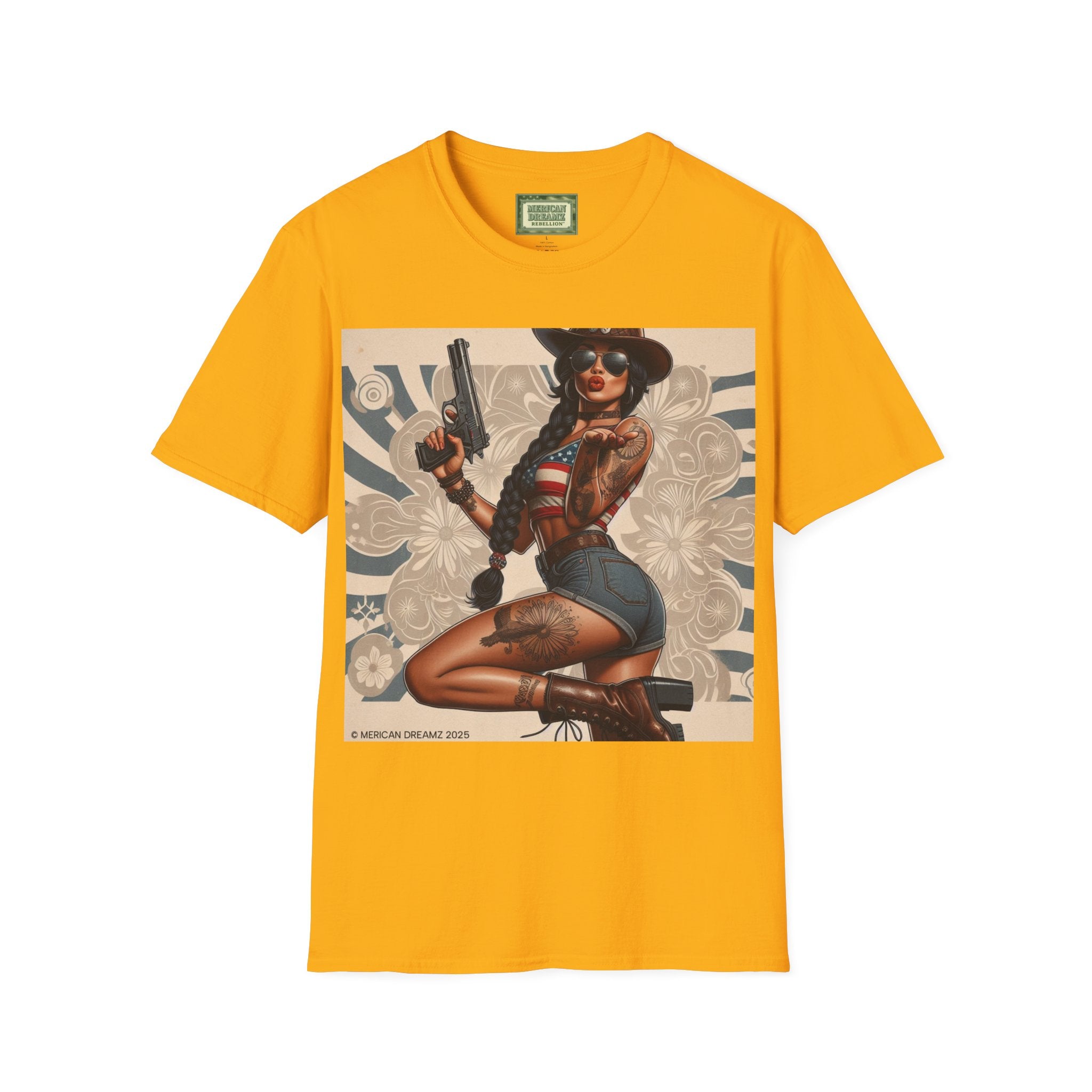 Pin-Up Americana T-Shirt — Retro Floral Gun Cowgirl Vintage Style (US Only)