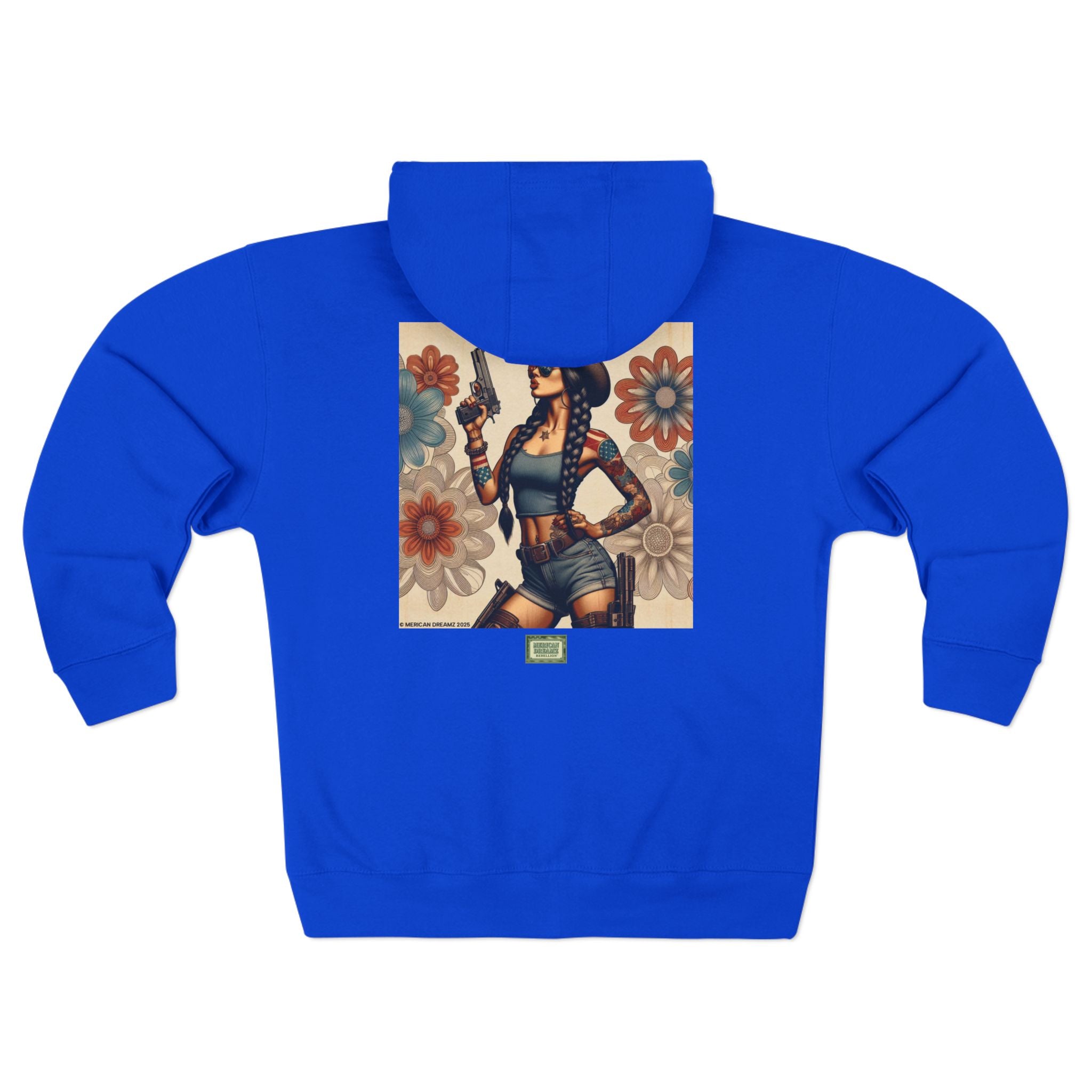 Americana Pinup Cowgirl with 9mm Zip Hoodie — Retro Vintage Patriotic Graphic