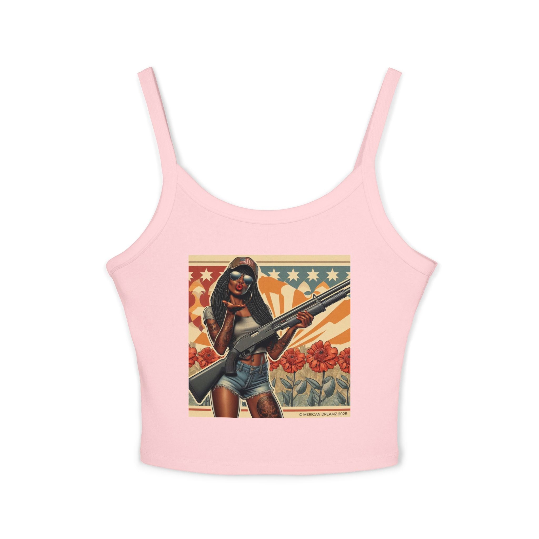 Retro Pinup Girl Tank Top — Vintage Flag & Floral Spaghetti Strap