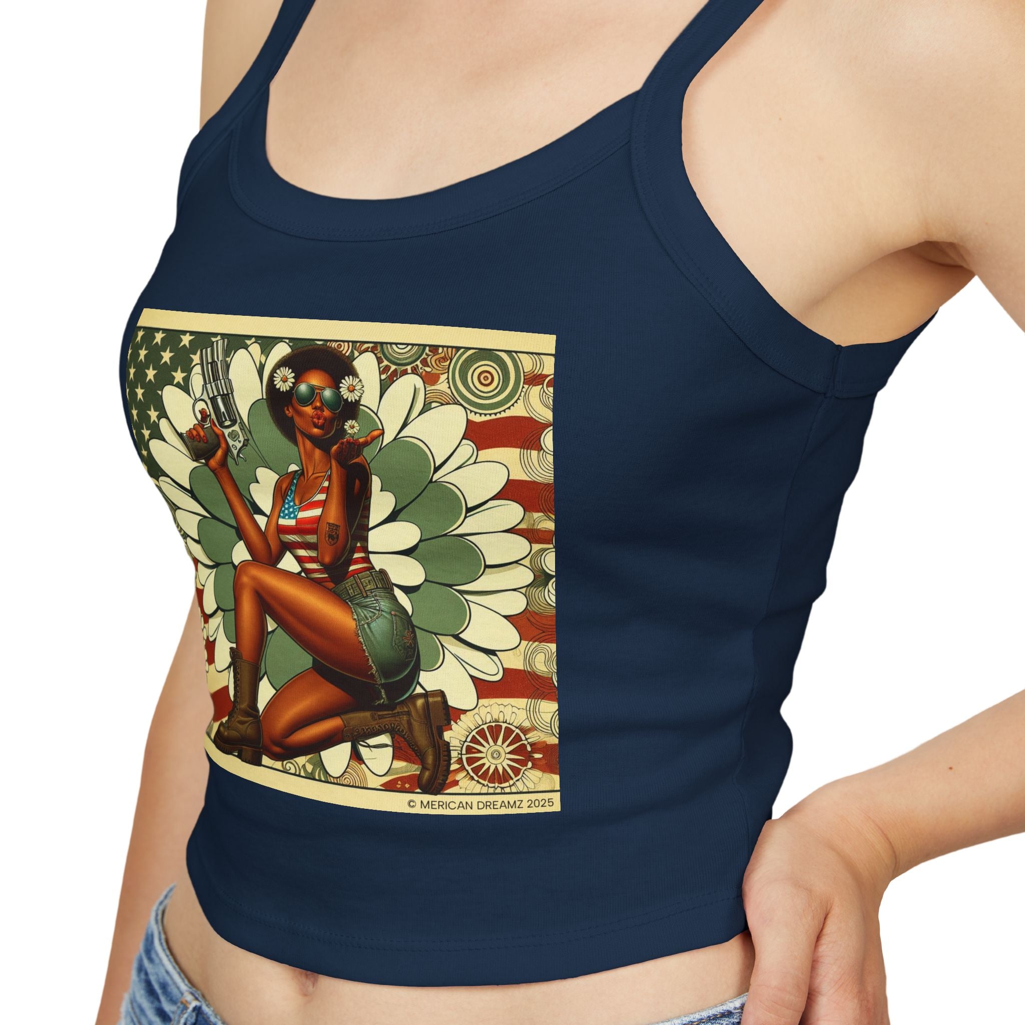 Retro Pinup Girl Tank Top — Vintage Flag & Floral Spaghetti Strap