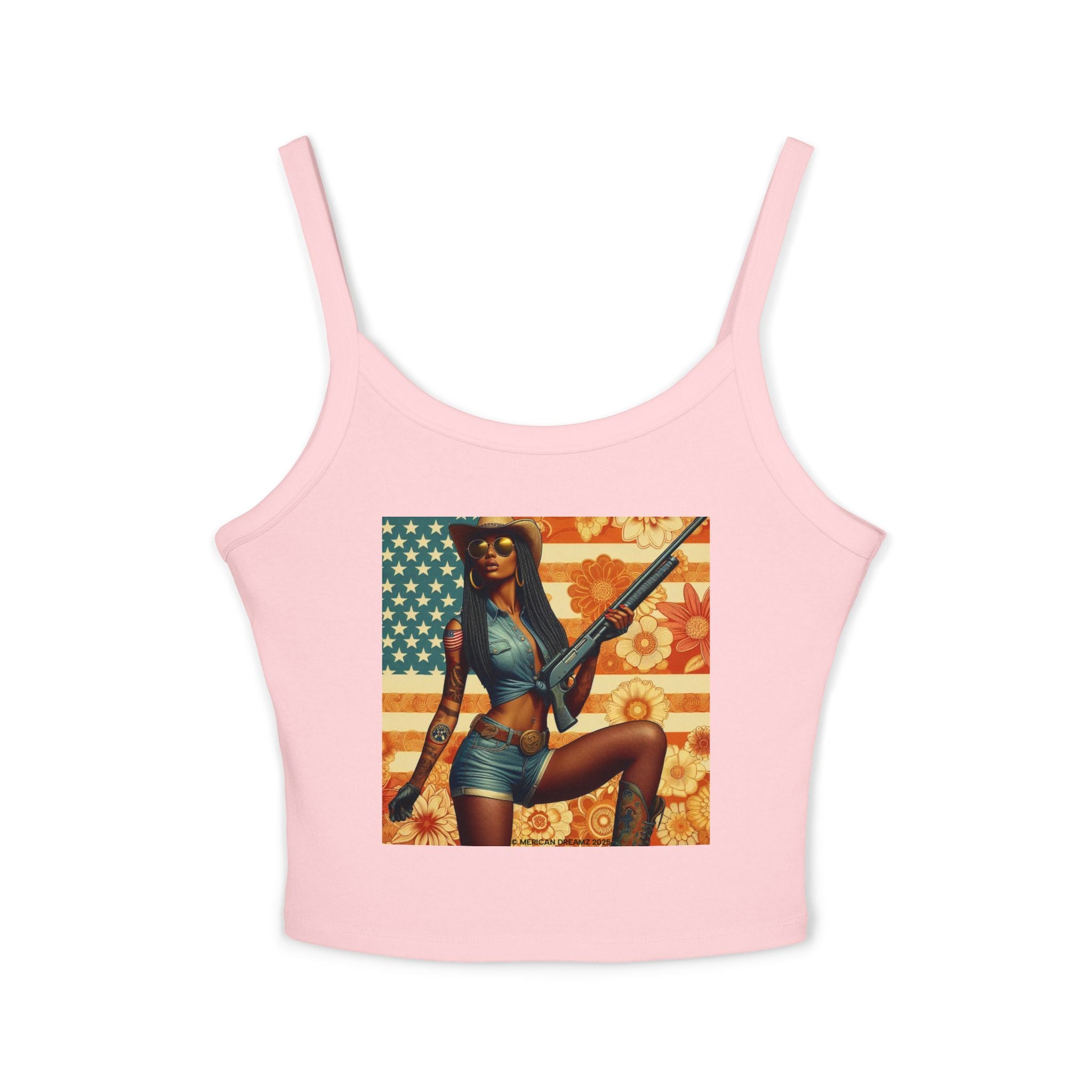 Retro Pinup Girl Tank Top — Vintage Flag & Floral Spaghetti Strap