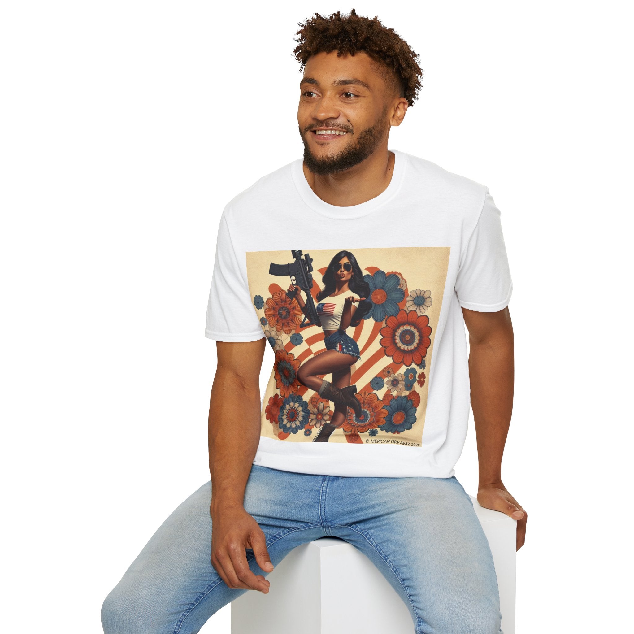 Graphic T-Shirt — Patriotic Pinup Girl with Rifle Vintage Flag Design (US Only)