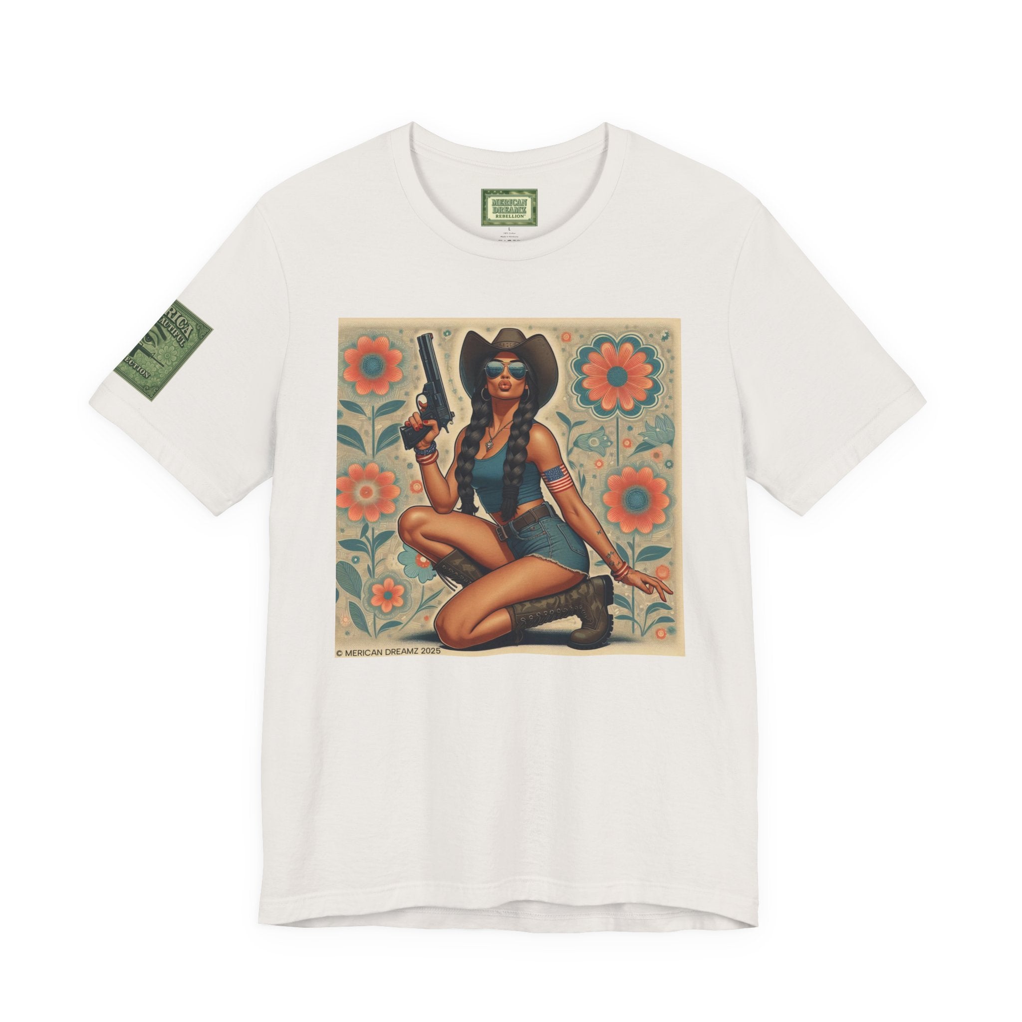Graphic Short Sleeve Tee front and back — Retro Americana Pin-Up Cowgirls with 9mm Pistols