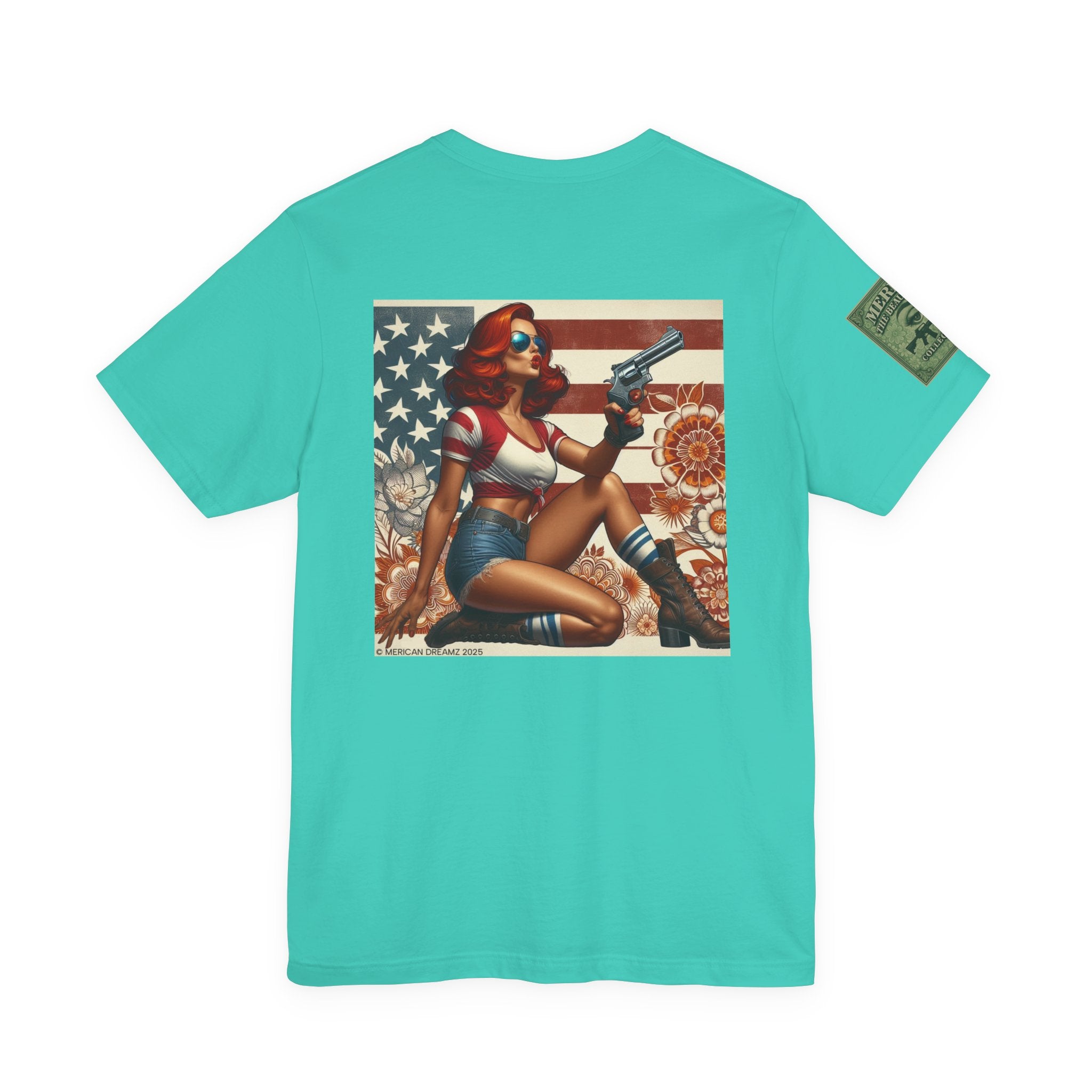 Graphic Short Sleeve Tee front and back — Retro Americana Pin-Up Cowgirls with .44 Magnum Revolvers