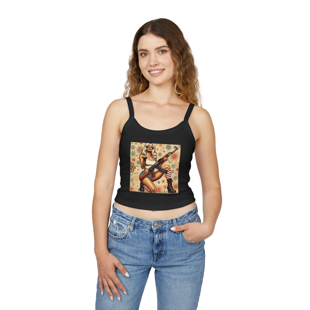 Retro Pinup Girl Tank Top — Vintage Flag & Floral Spaghetti Strap