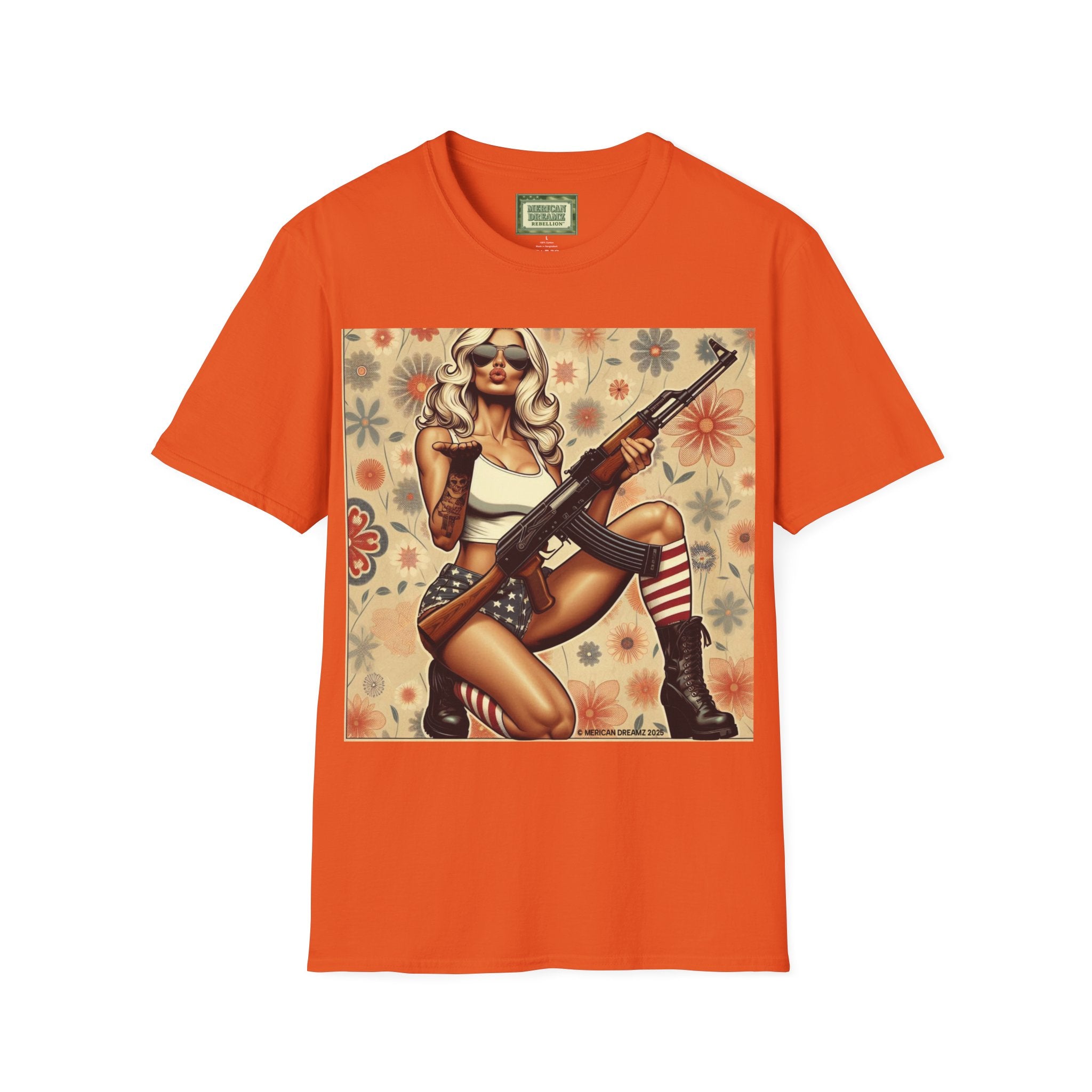 Graphic T-Shirt — Patriotic Pinup Girl with Rifle Vintage Flag Design (US Only)