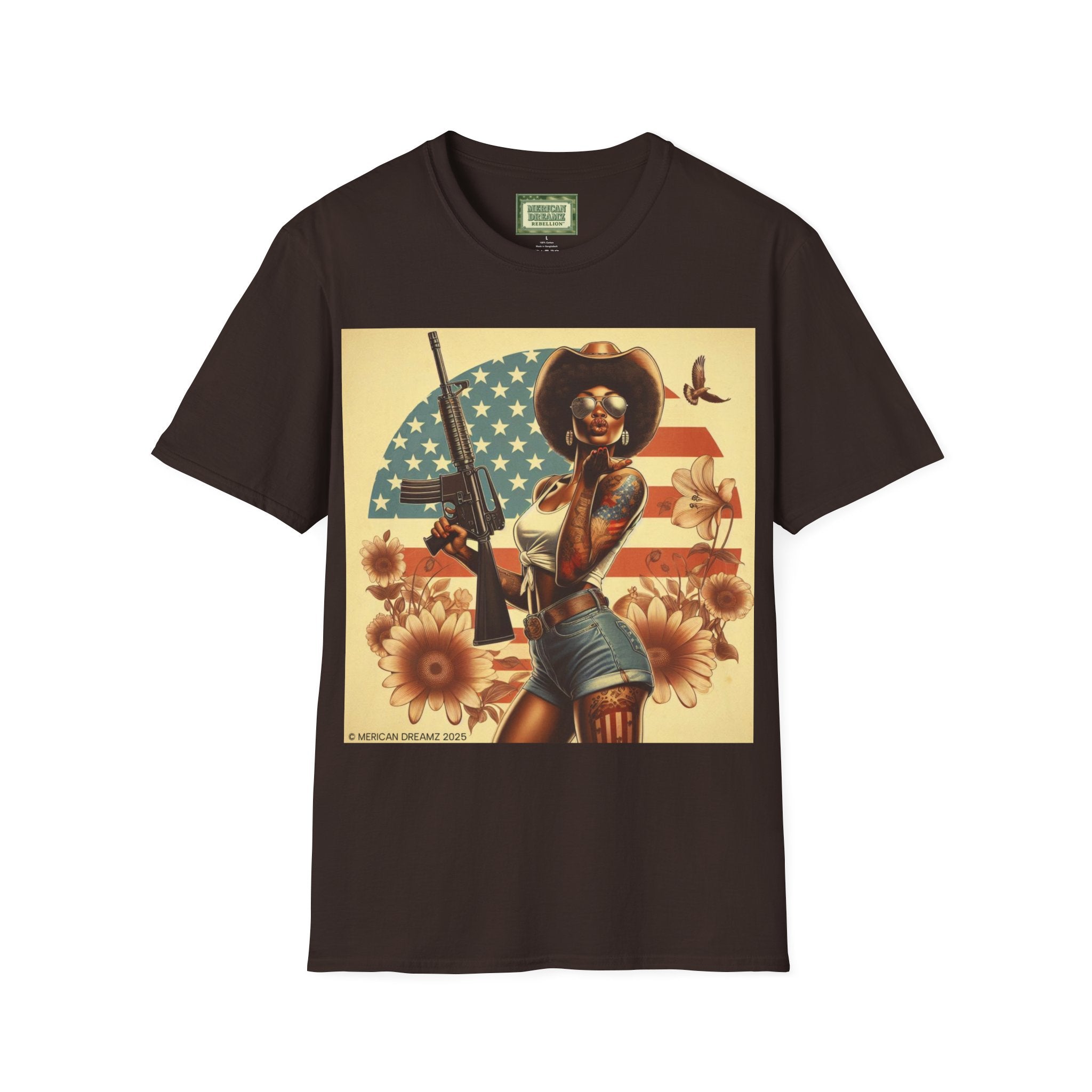 Pin-Up Americana T-Shirt — Retro Floral Gun Cowgirl Vintage Style (US Only)