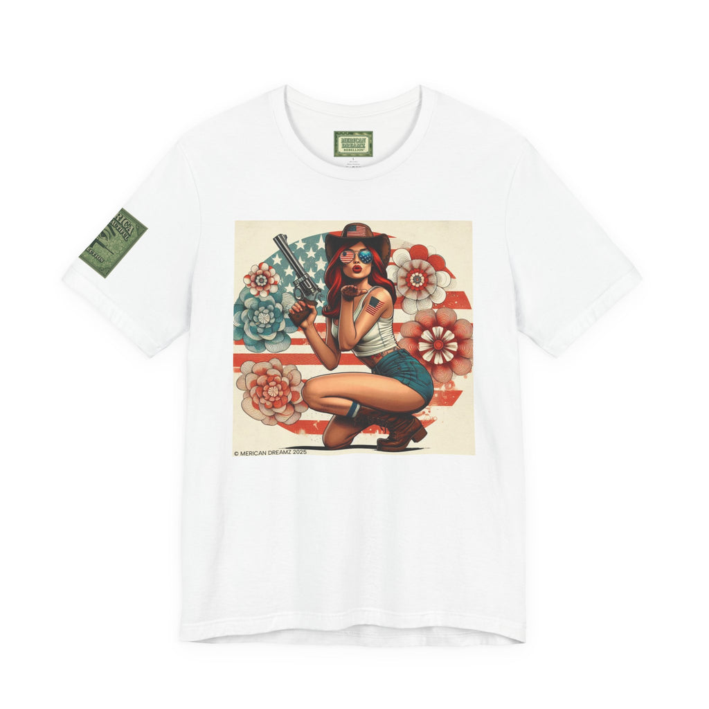 Graphic Short Sleeve Tee front and back — Retro Americana Pin-Up Cowgirls with .44 Magnum Revolvers