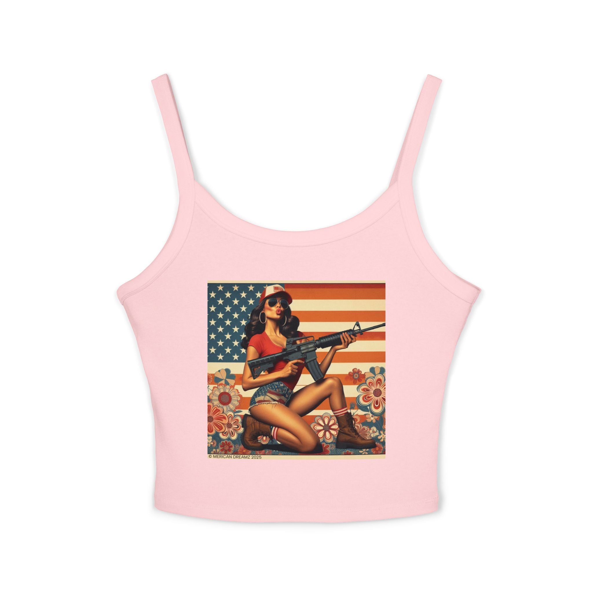 Retro Pinup Girl Tank Top — Vintage Flag & Floral Spaghetti Strap