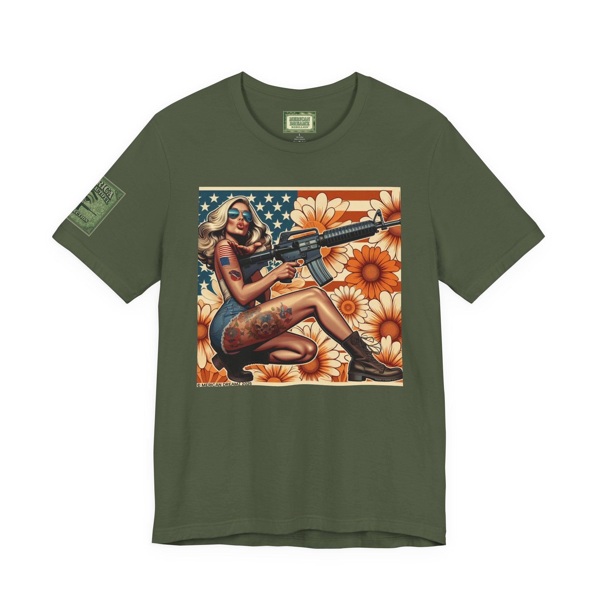 Graphic Short Sleeve Tee front and back — Retro Americana Pin-Up Girls with AR-15 Rifles