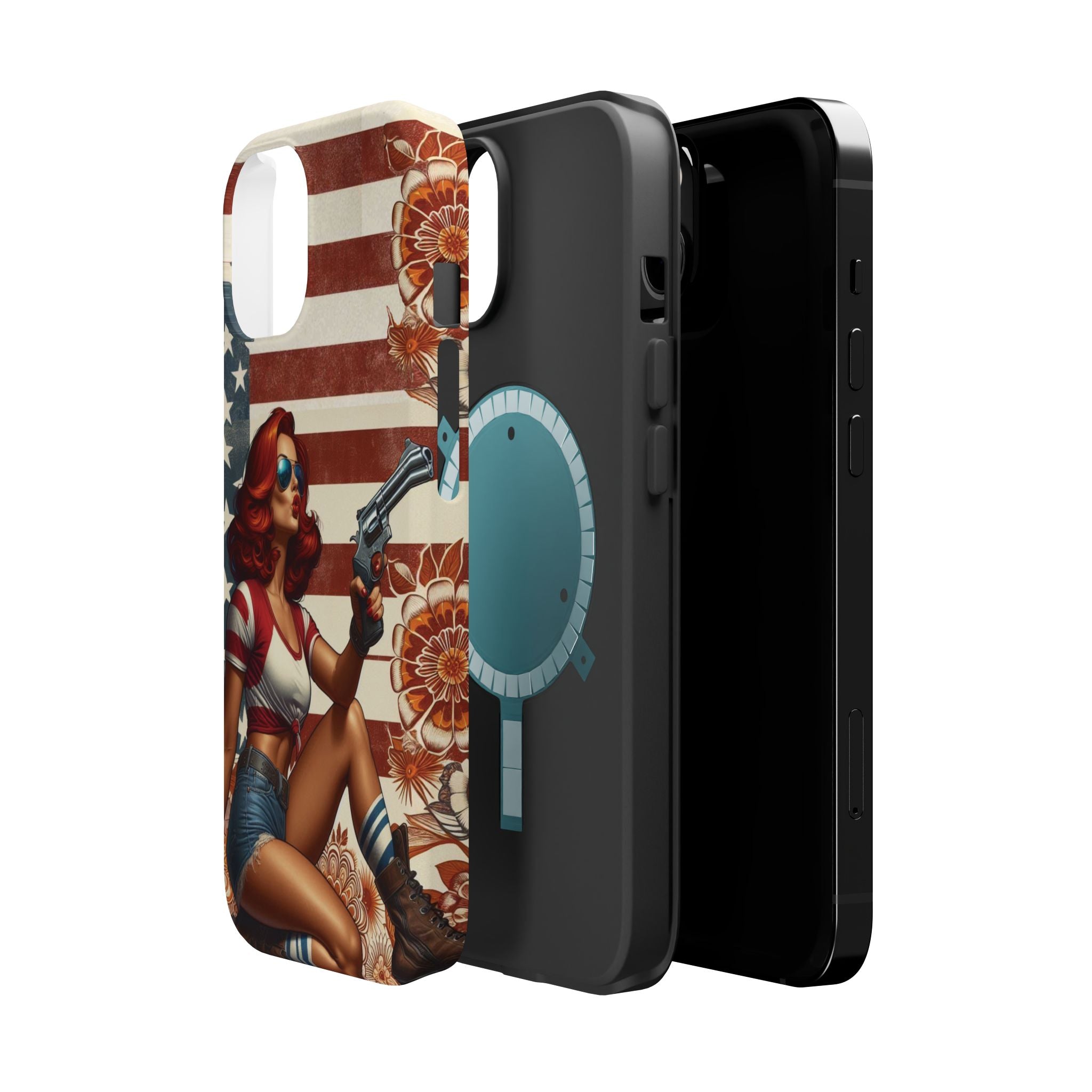 Americana .44 Magnum Pinup Girl - Magnetic Impact‑Resistant Phone Case  iPhone 13-17 / Samsung S26  MagSafe Compatible