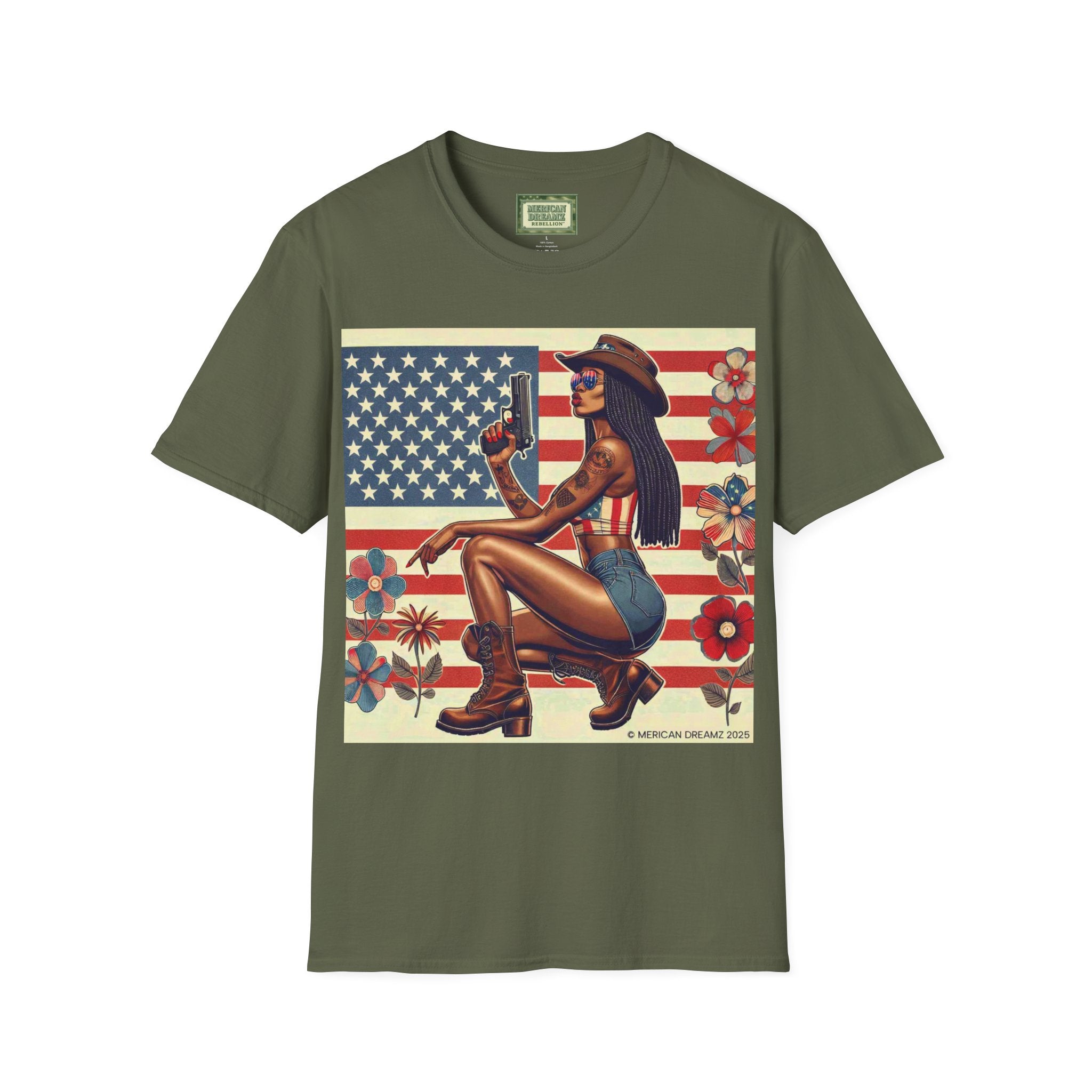 Pin-Up Americana T-Shirt — Retro Floral Gun Cowgirl Vintage Style (US Only)