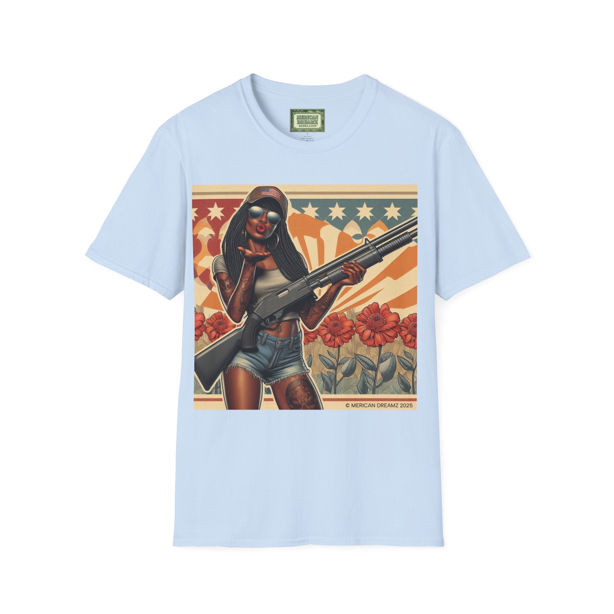 Graphic T-Shirt — Patriotic Pinup Girl with Shotgun Vintage Flag Design (US Only)