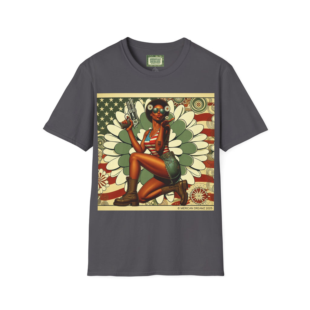 Graphic T-Shirt — Patriotic Pinup Girl with Pistol Vintage Flag Design (US Only)