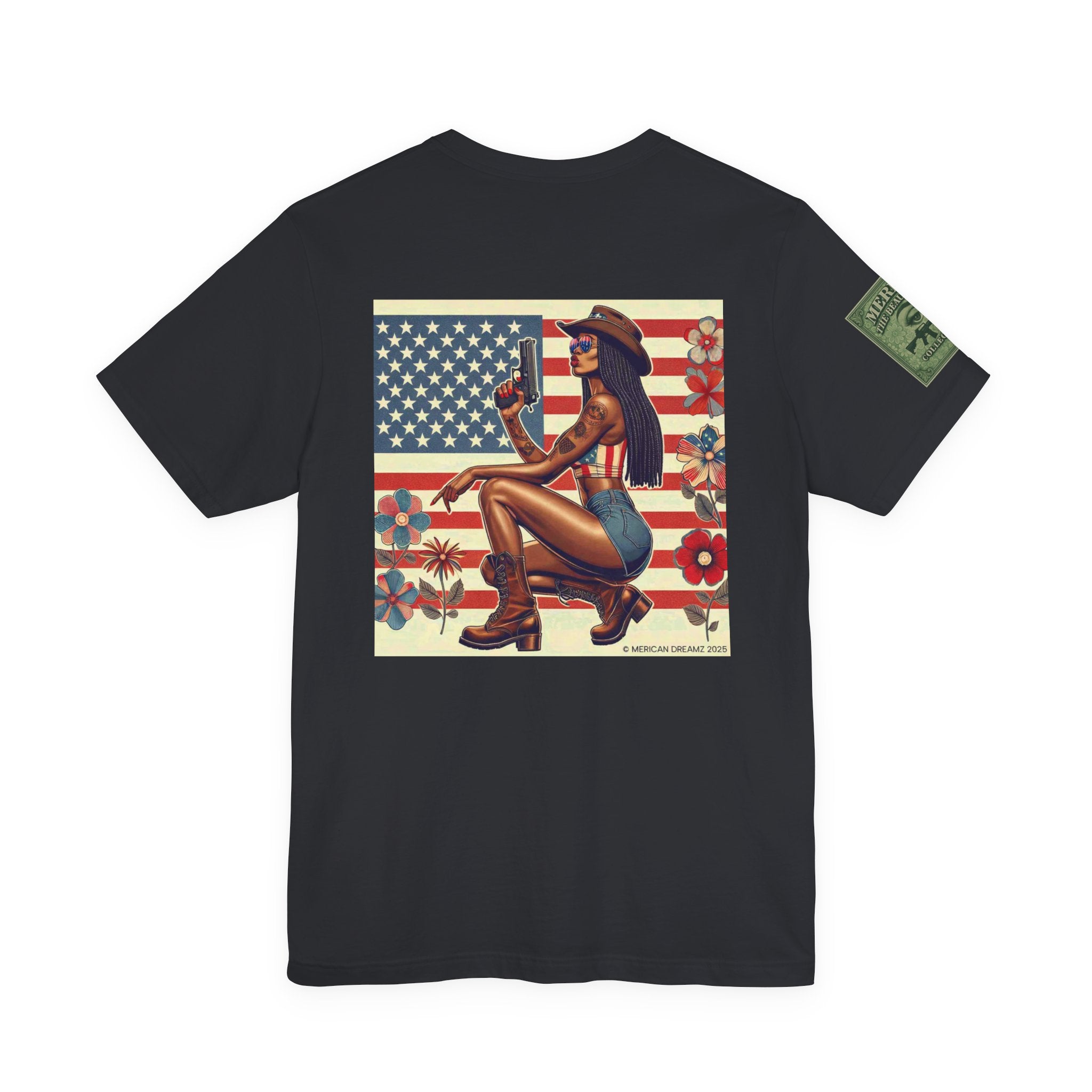 Graphic Short Sleeve Tee front and back — Retro Americana Pin-Up Cowgirls with 9mm Pistols